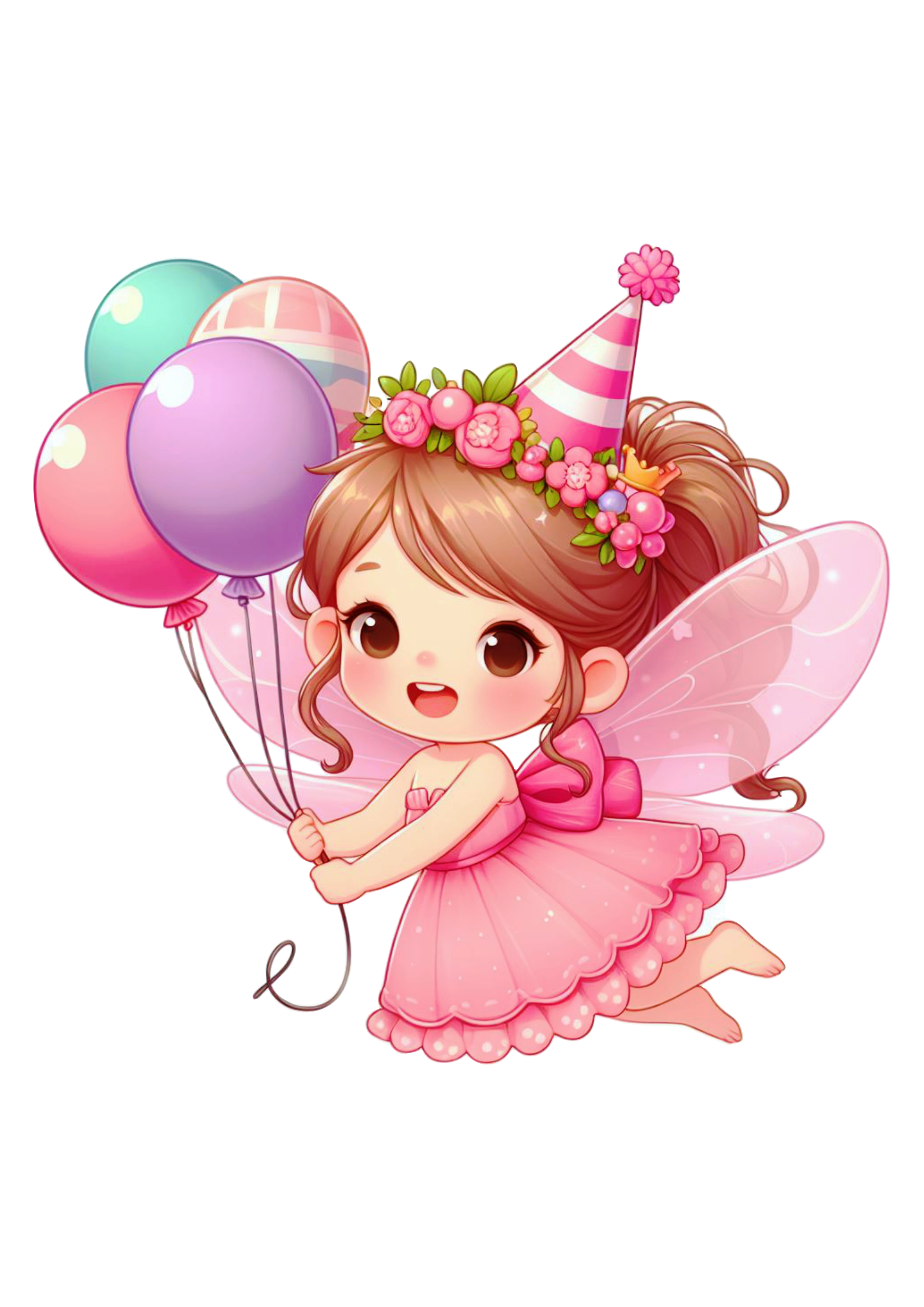 Fada com vestido rosa cute segurando balões de aniversário decoração png