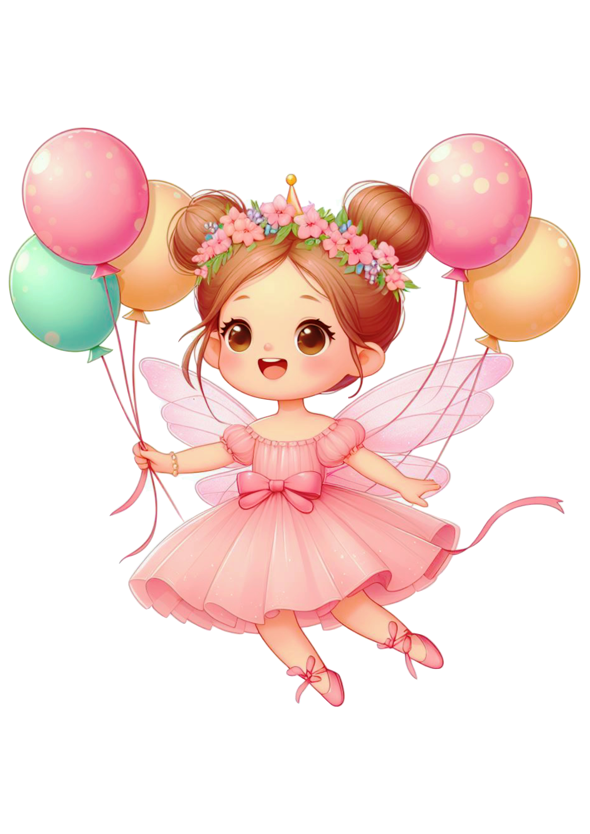 Fada com vestido rosa cute segurando balões de aniversário decoração desenho png