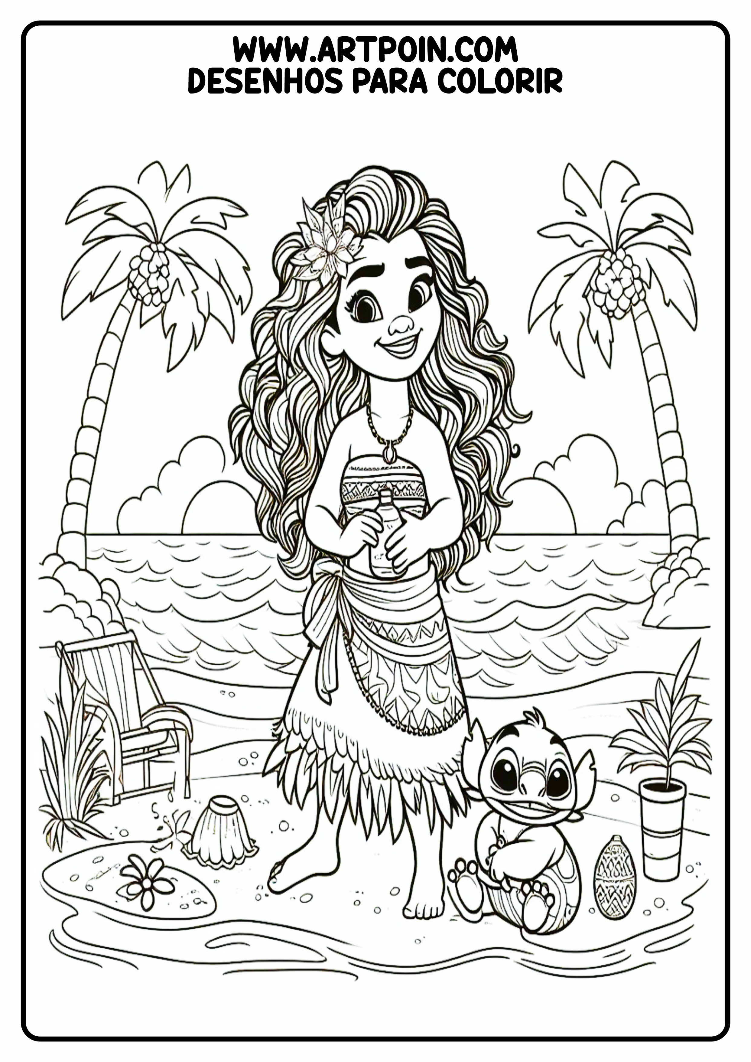 Moana atividades desenho para colorir pronto para imprimir coloring page cenário praia coqueiros png