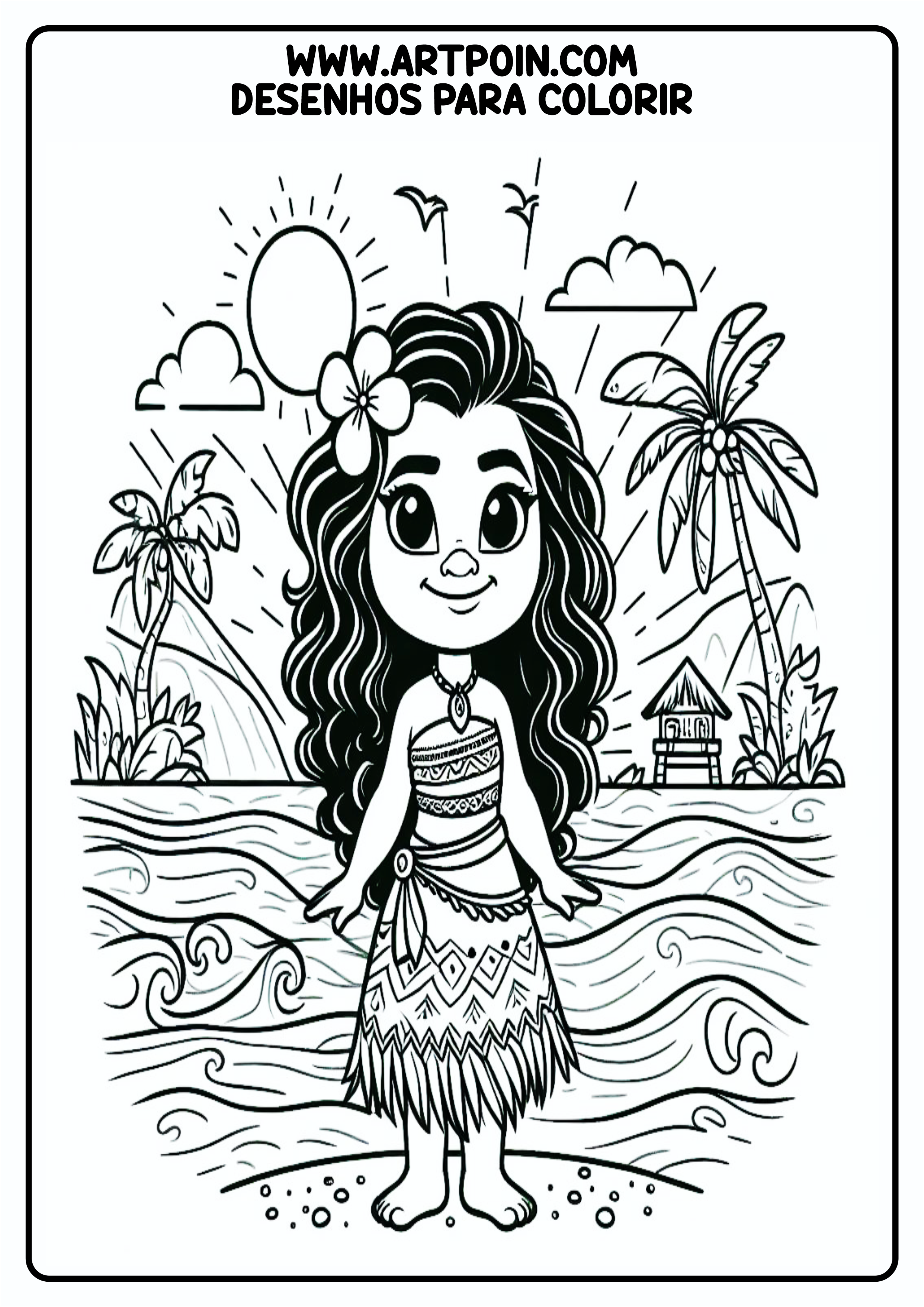 Moana atividades desenho para colorir pronto para imprimir coloring page cenário praia coqueiros infantil png