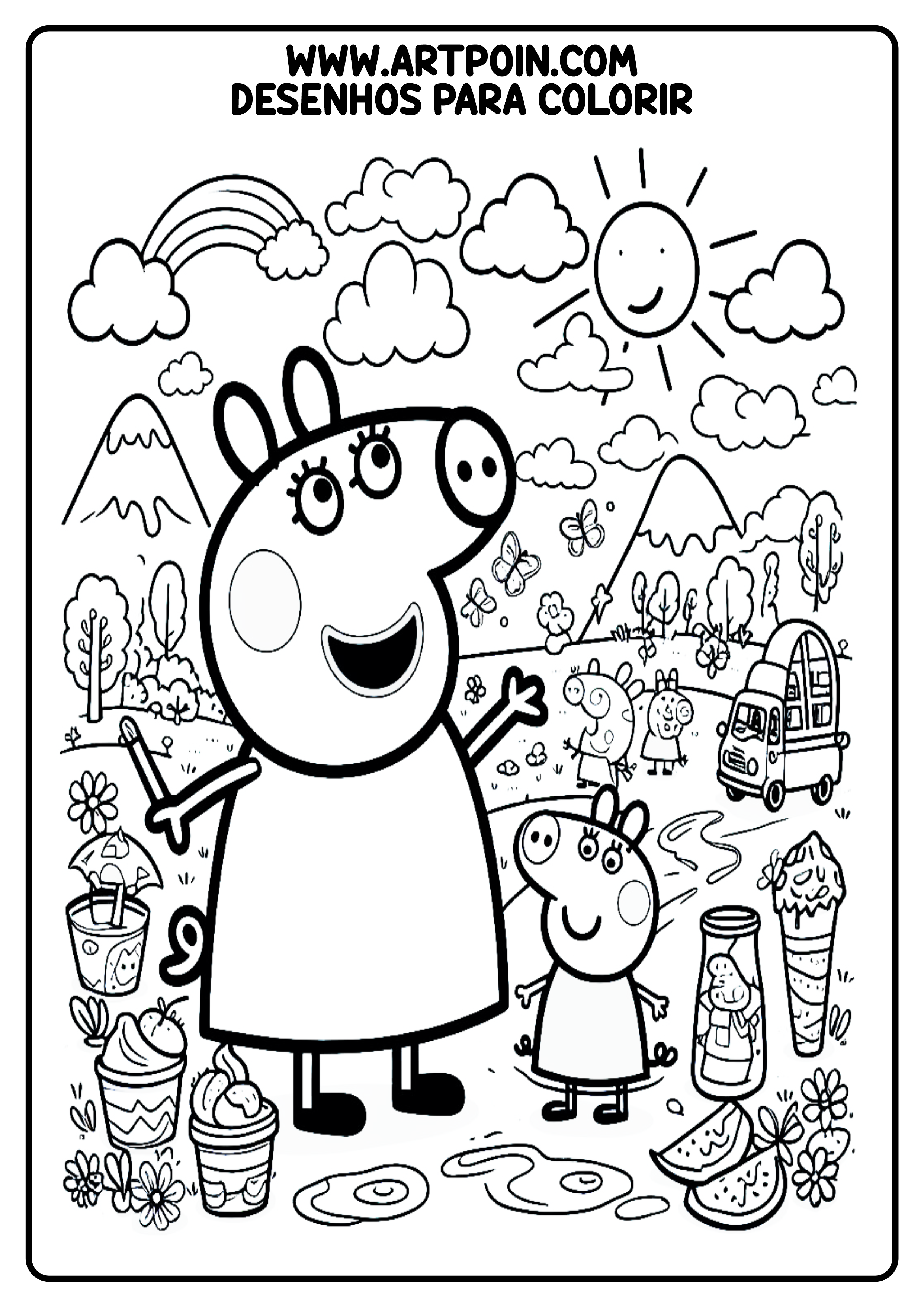 Desenho para colorir Peppa Pig infantil kids atividade escolar para crianças arco-íris cenário png