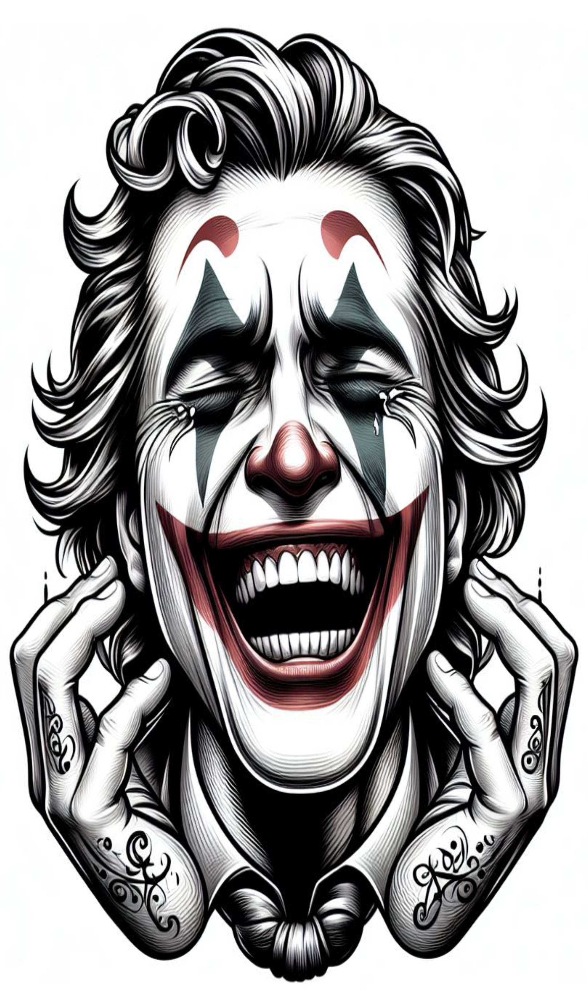 Desenho realista para tatuagem monocromática Joker Coringa rindo e chorando png