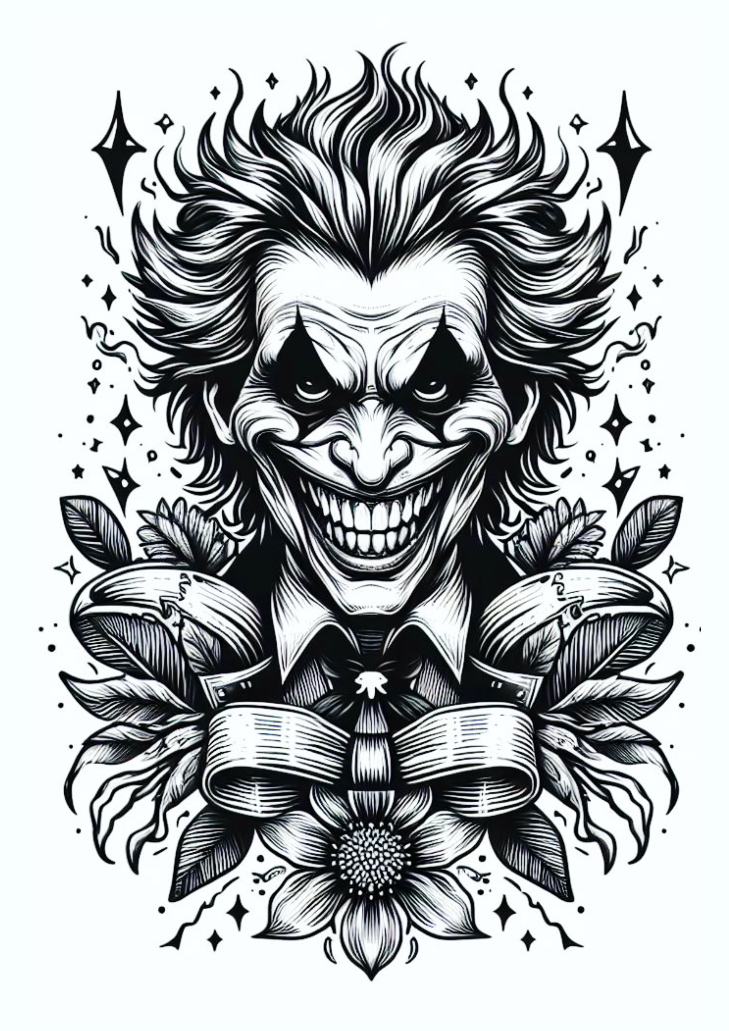 Desenho realista para tatuagem monocromática Joker Coringa macabro png