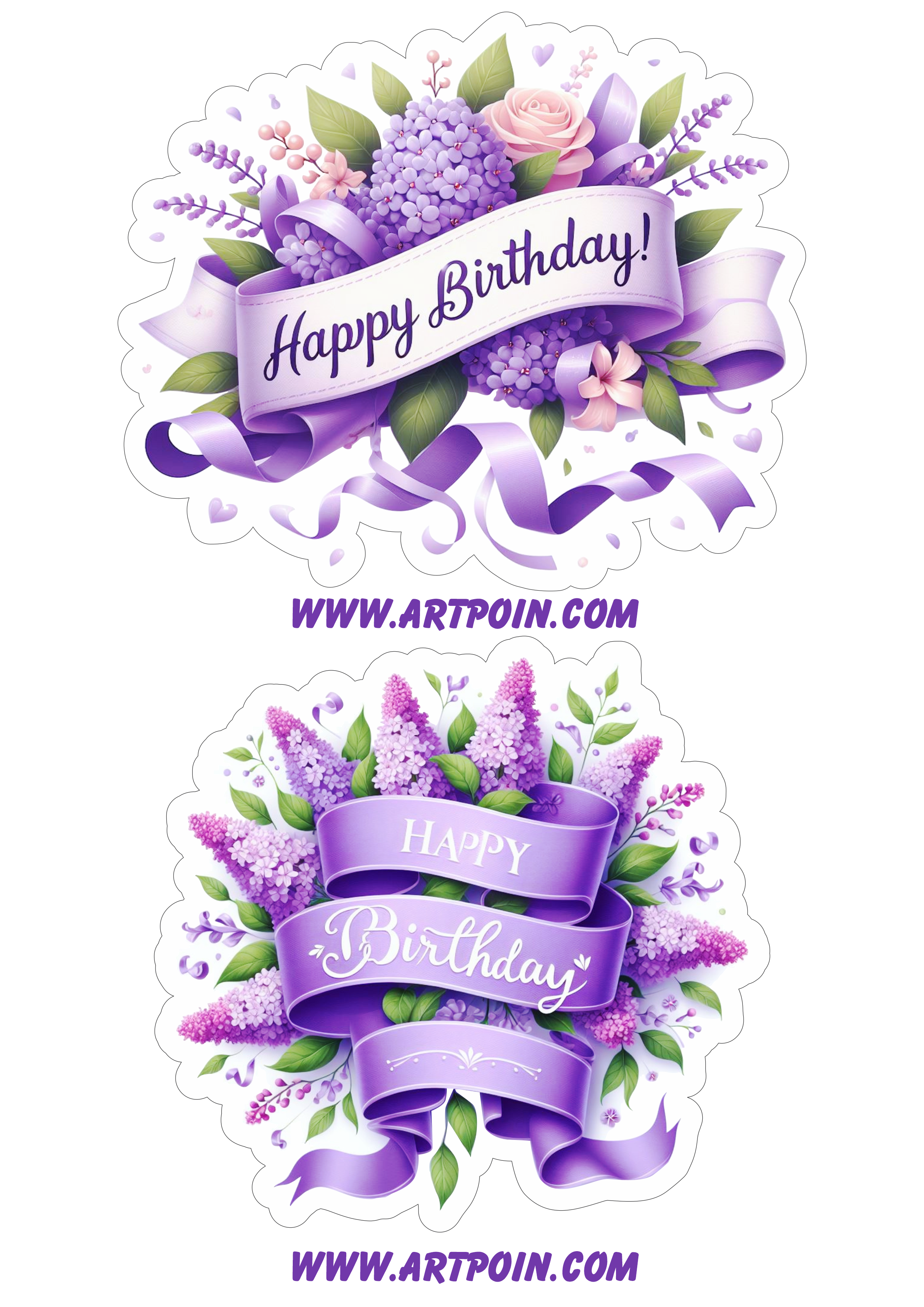 Topo de bolo Happy Birthday flores banner de fita png