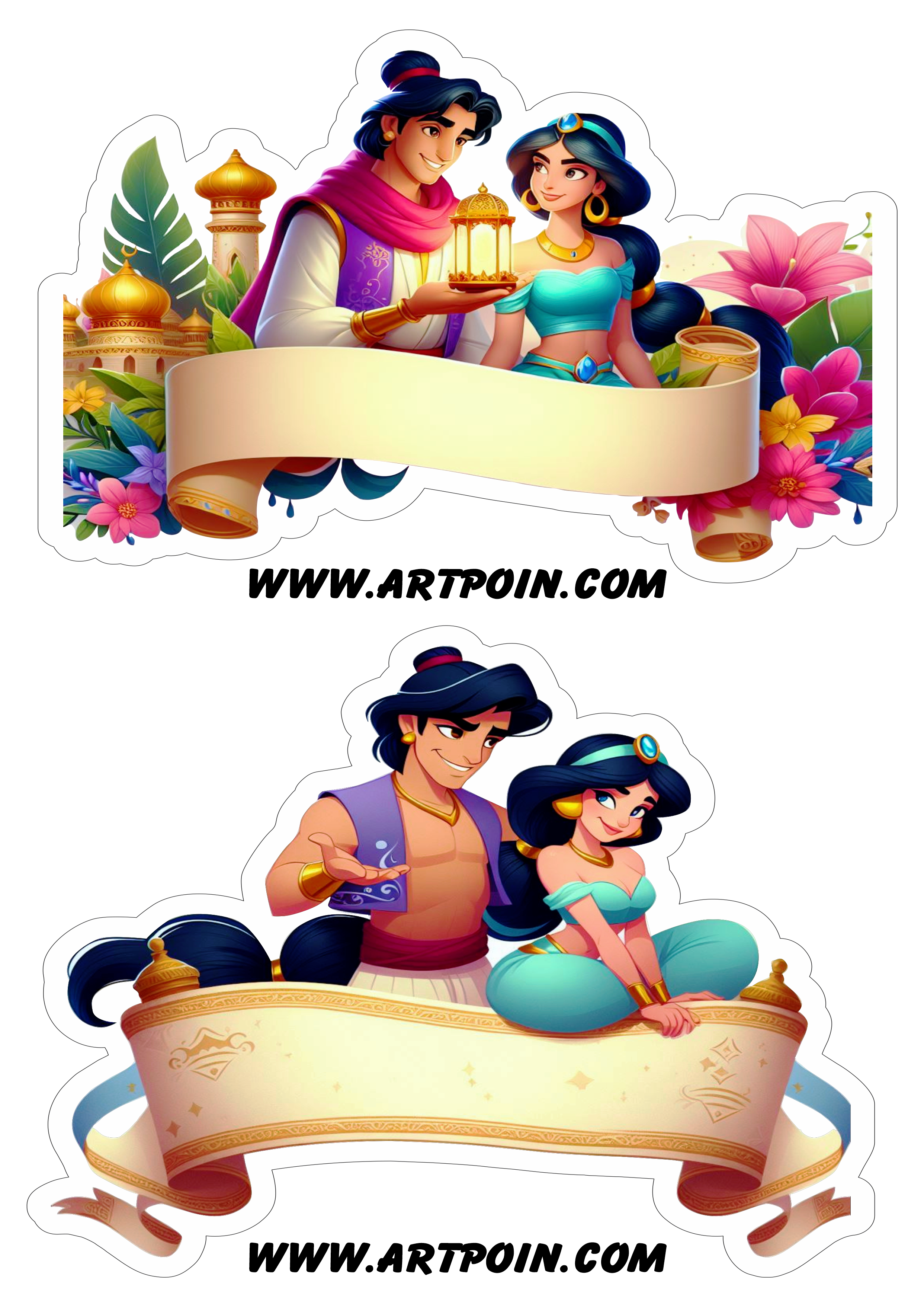 Topo de bolo Aladdin e princesa Jasmine aniversário infantil png