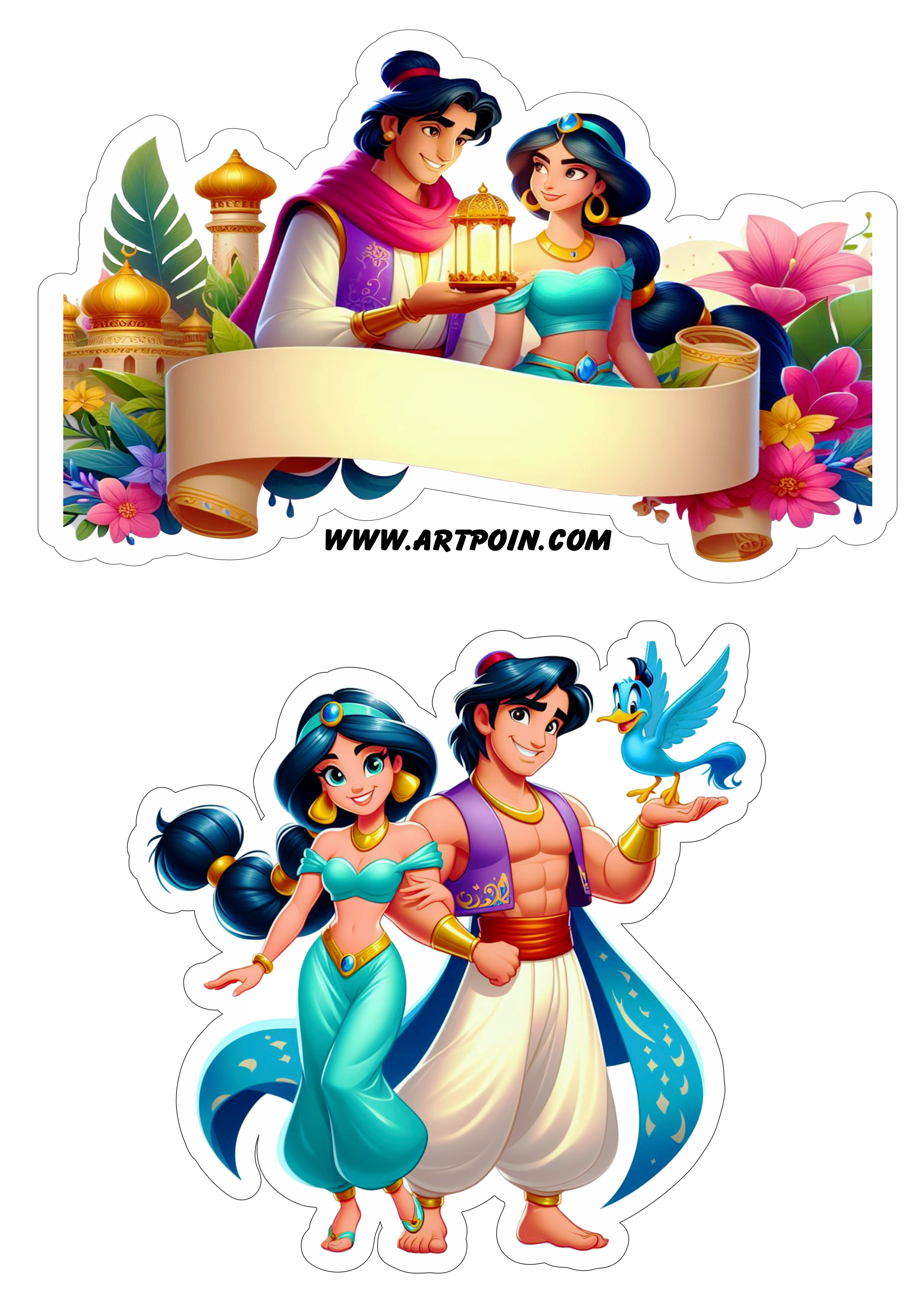 Topo de bolo Aladdin e princesa Jasmine aniversário infantil topper png