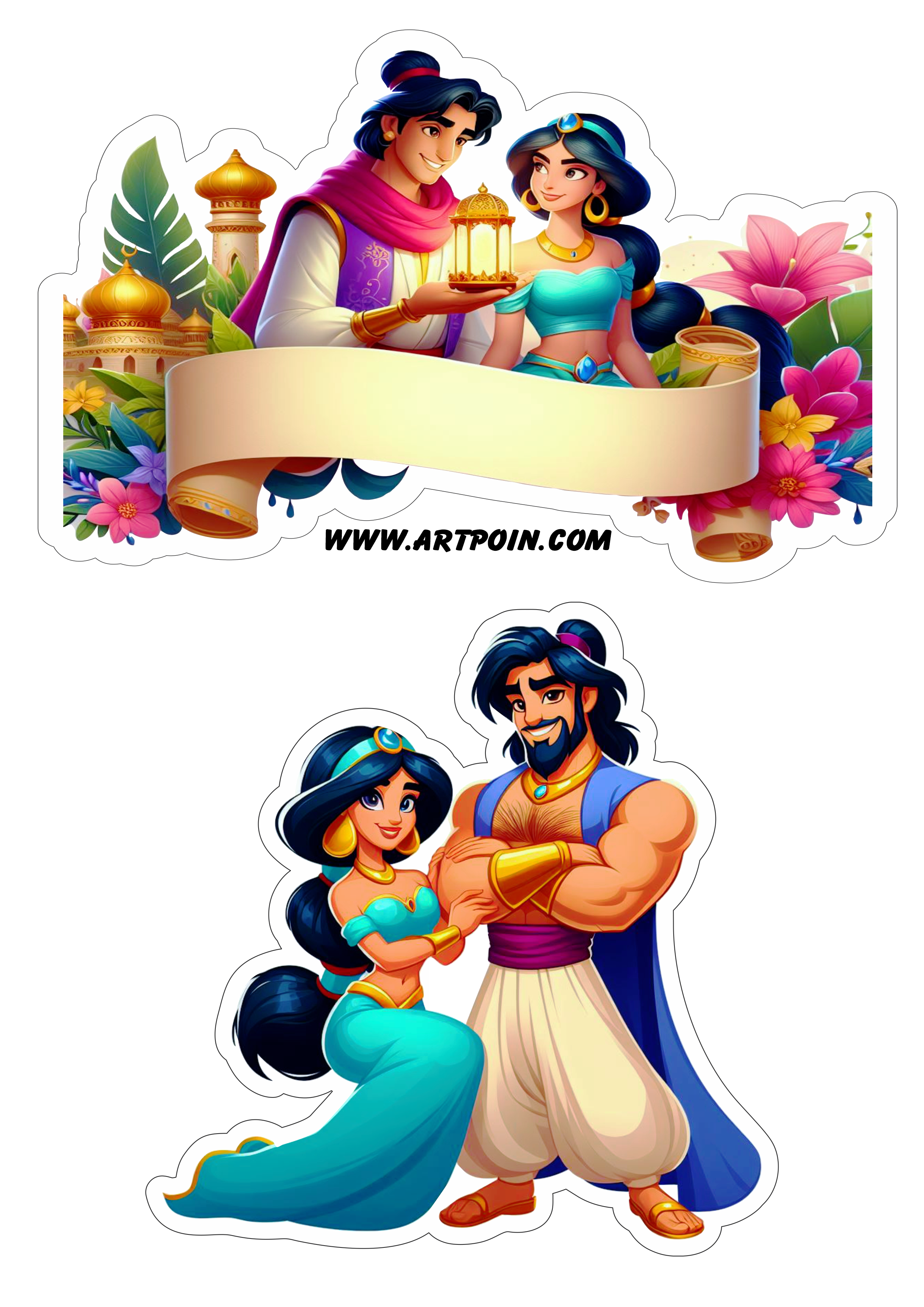 Topo de bolo Aladdin e princesa Jasmine aniversário infantil topper Disney png