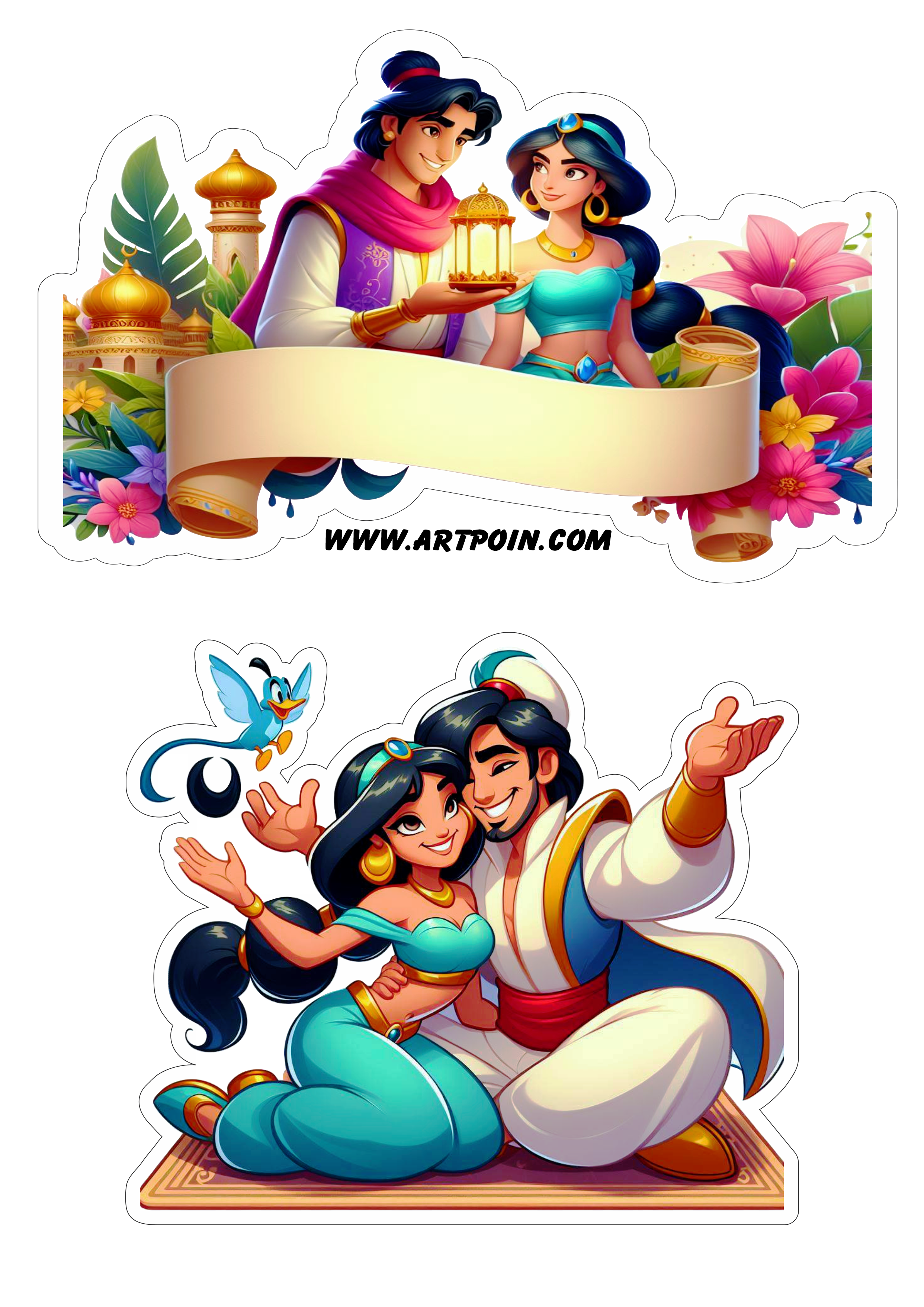 Topo de bolo Aladdin e princesa Jasmine aniversário infantil topper Disney pronto para imprimir png