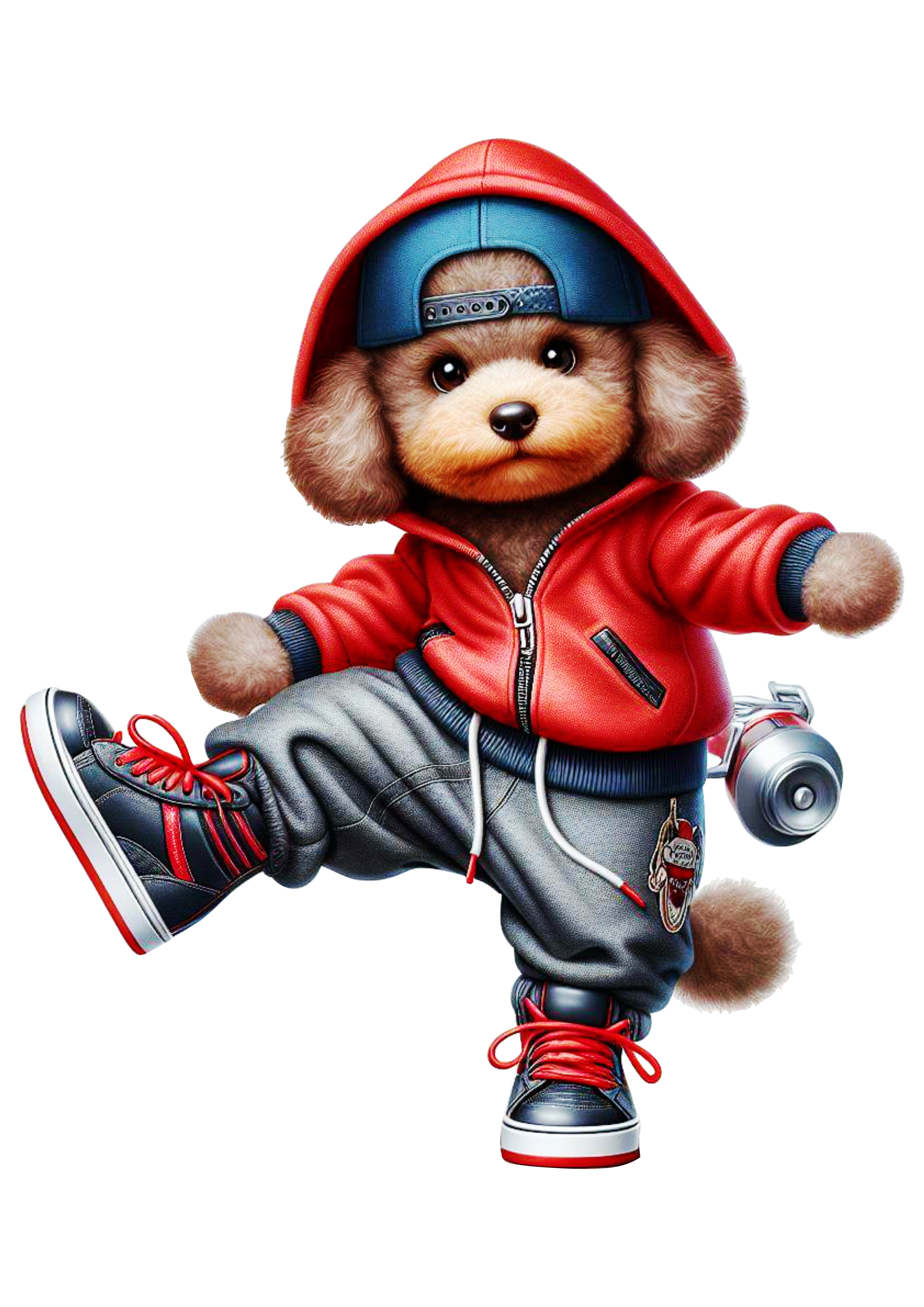 Cachorrinho Poodle com roupinha estilosa moletom vermelho com capuz e tênis cute png