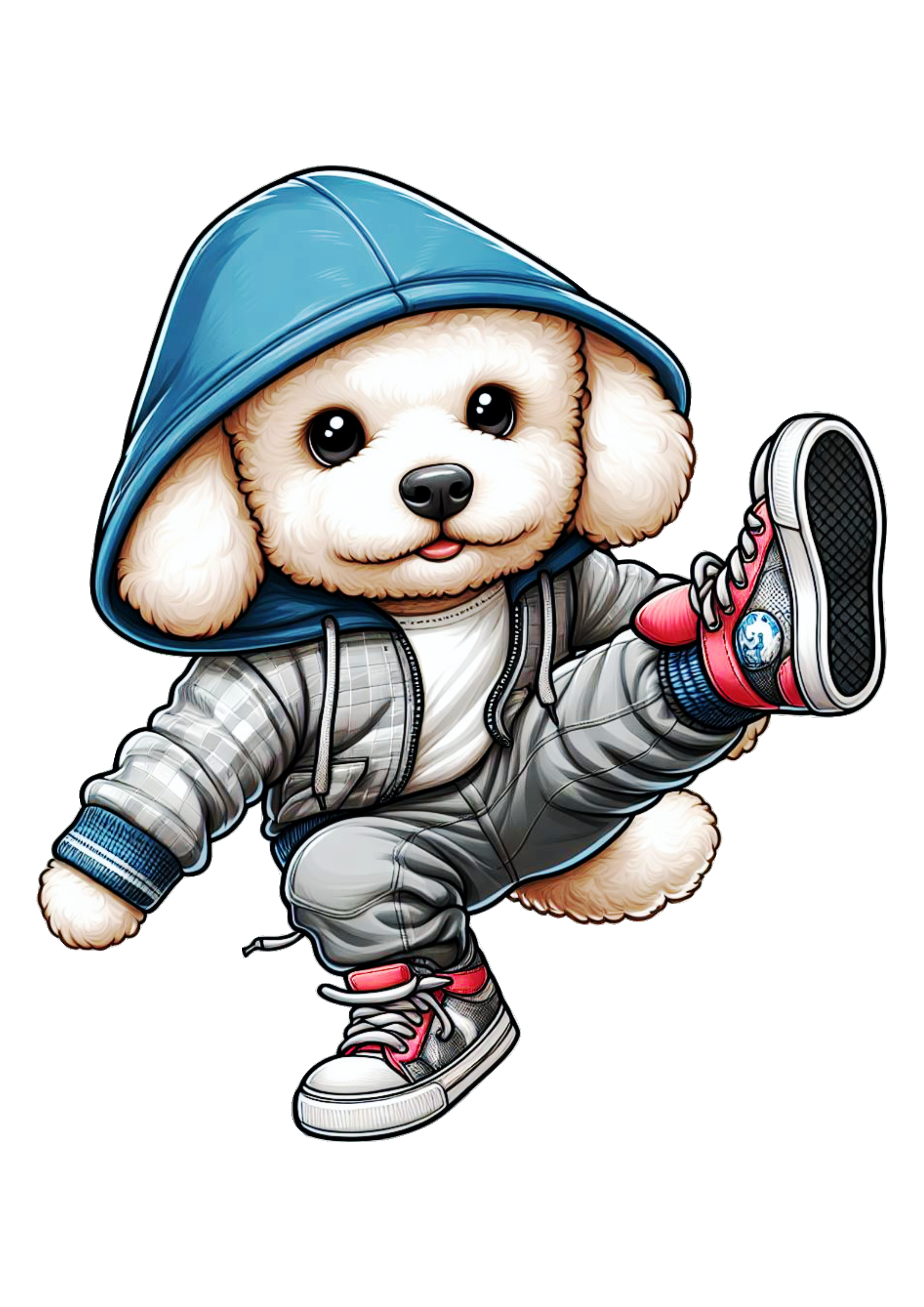 Cachorrinho Poodle com roupinha estilosa moletom vermelho com capuz e tênis cute artes gráficas png