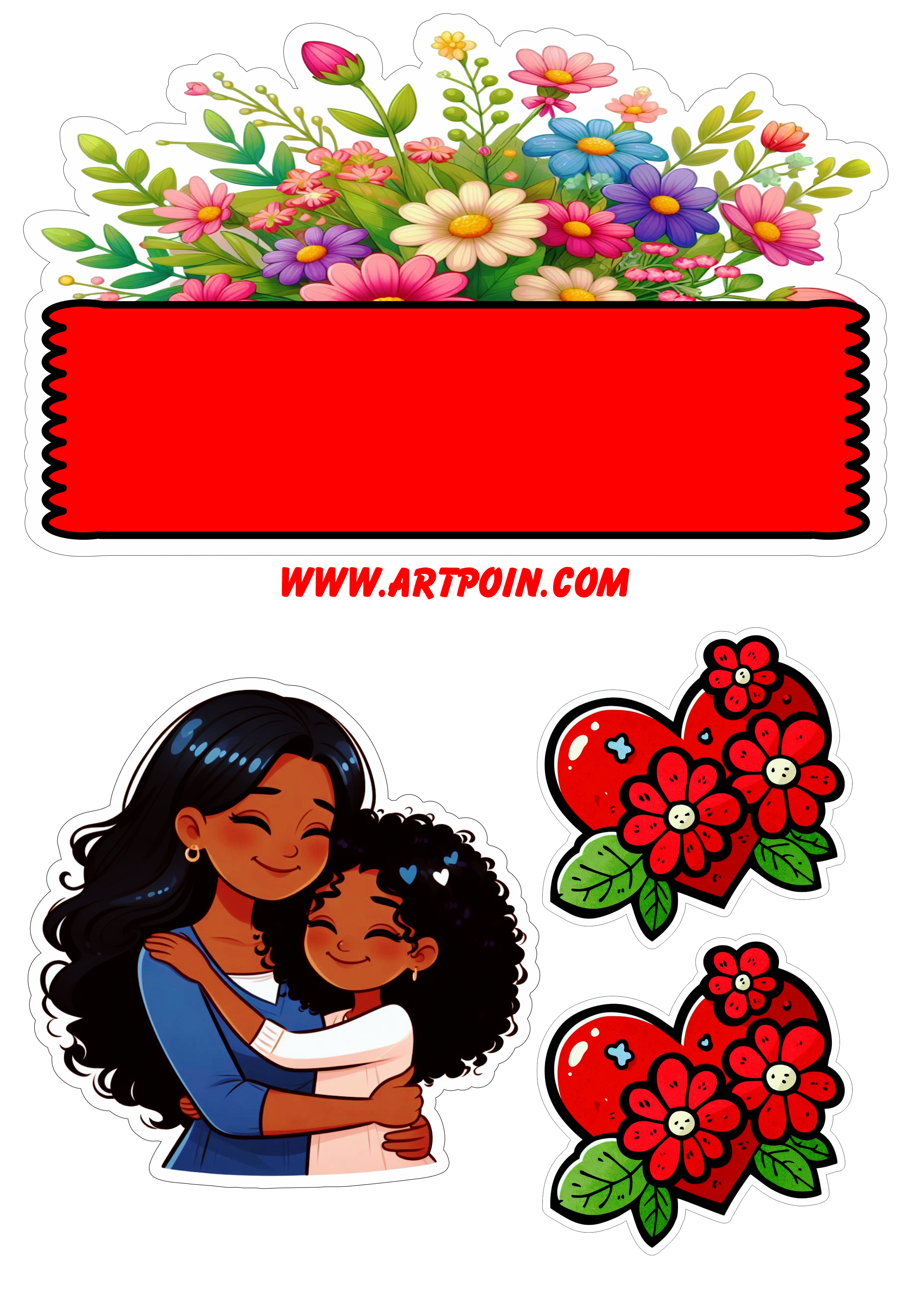 Dia das mães topo de bolo florido artigos personalizados para decoração coração png