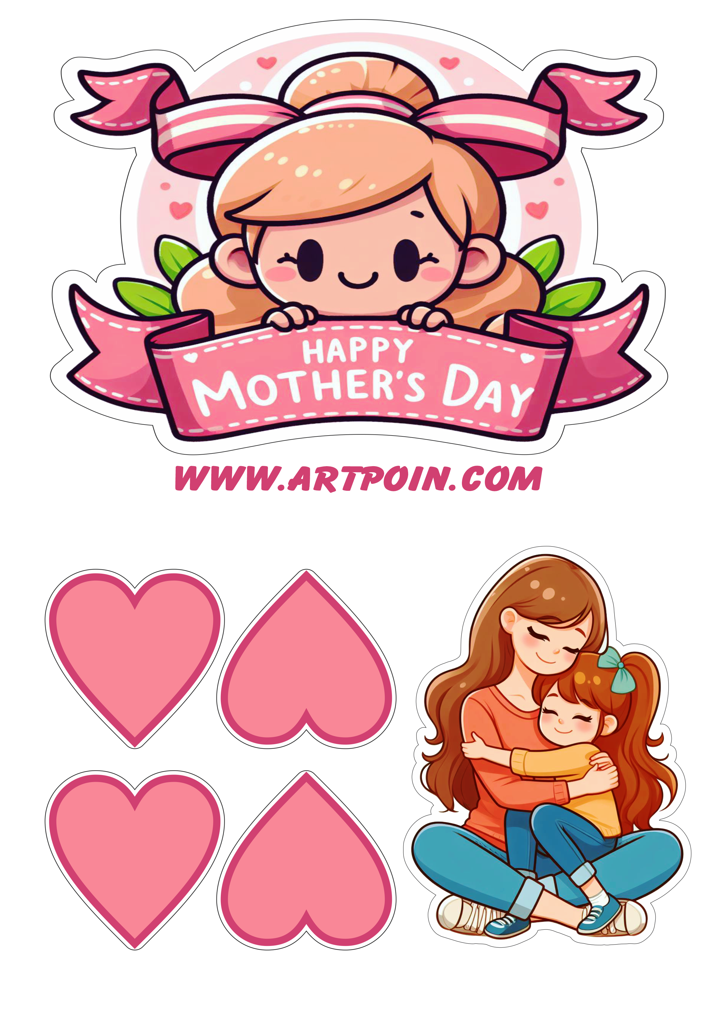 Happy mother’s day topper cake pink decoration fets cute hearts mother and daughter png