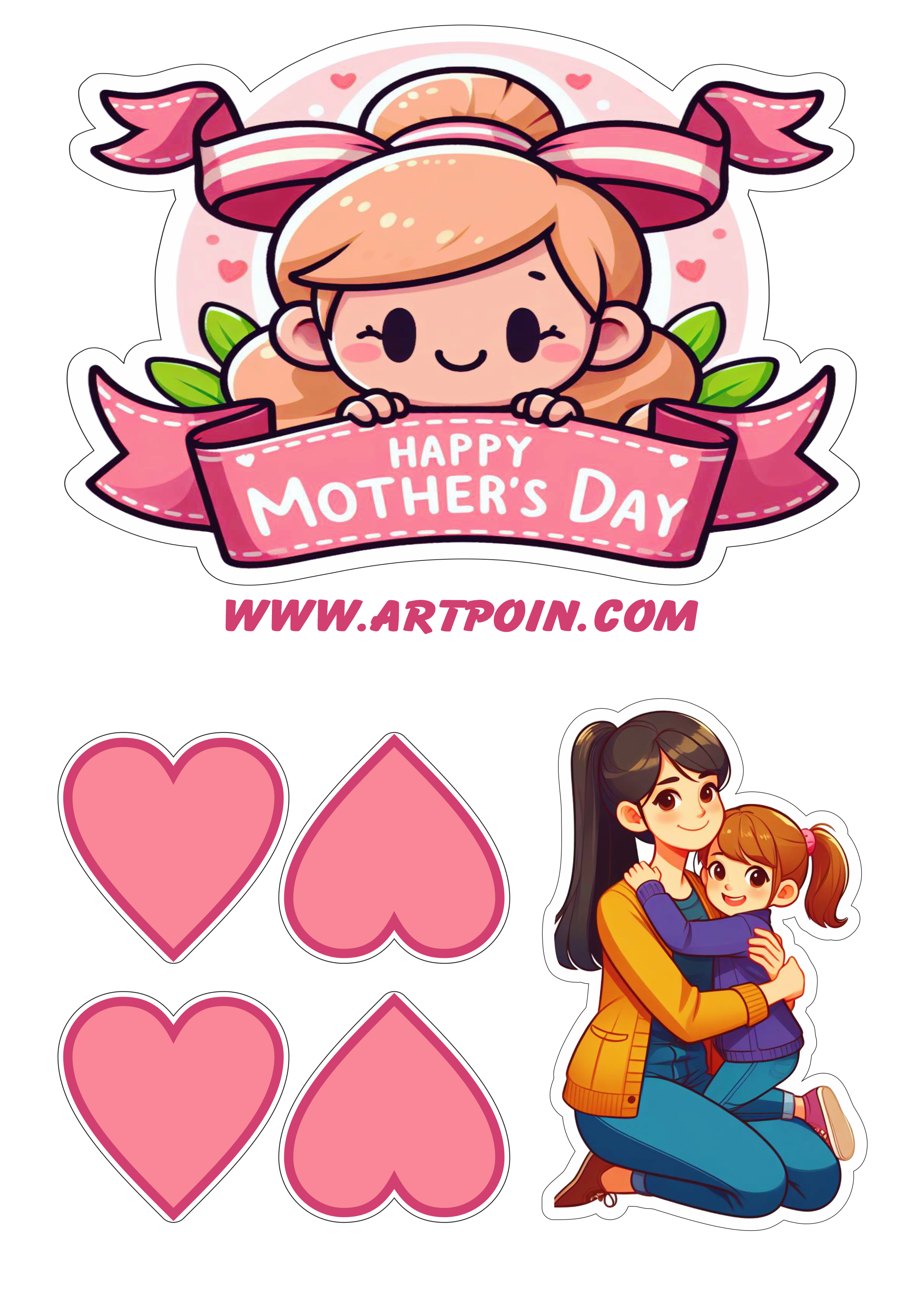 Happy mother’s day topper cake pink decoration fets cute hearts mother and daughter hug png
