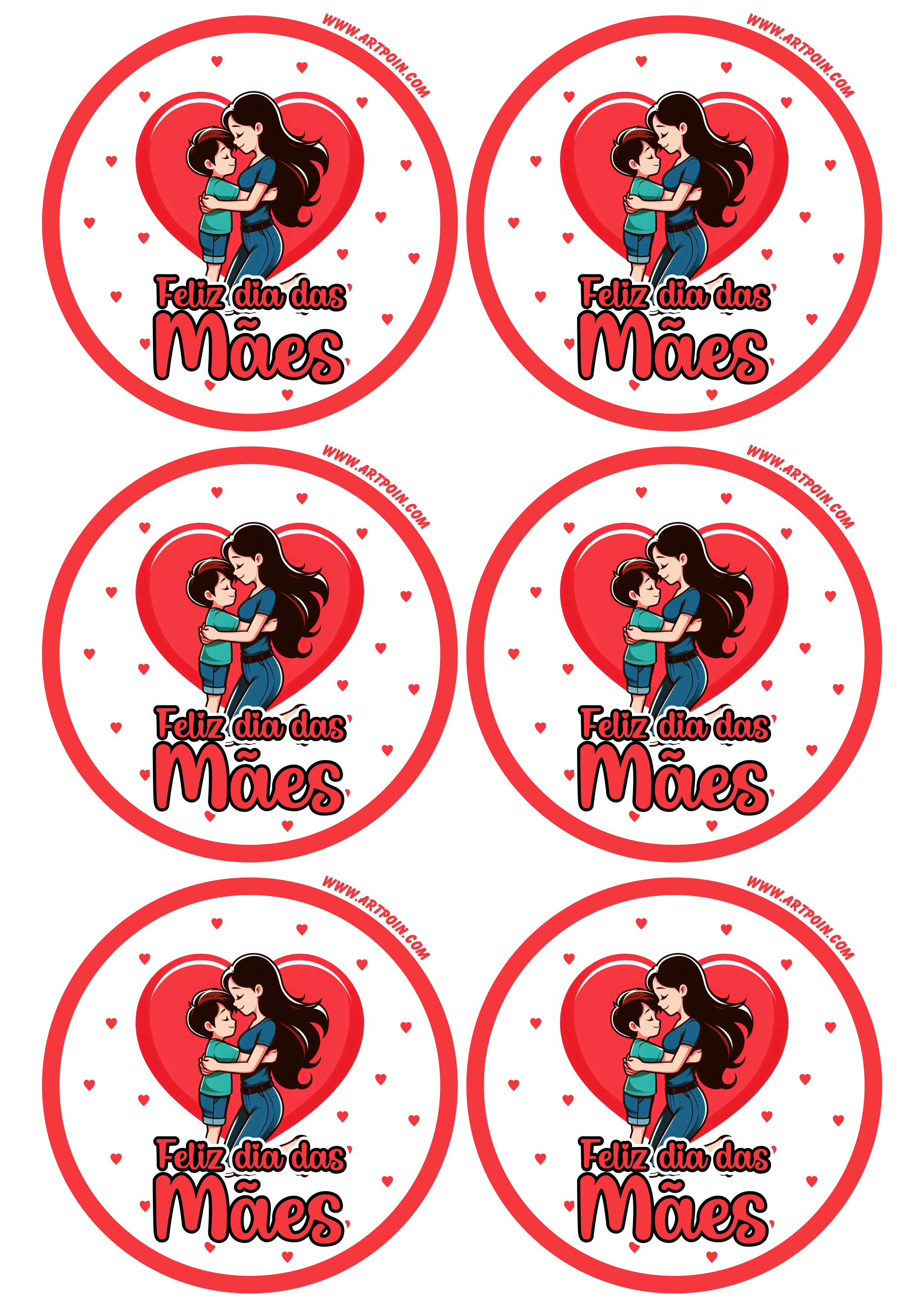 Feliz dia das mães adesivo redondo tag sticker corações para imprimir 6 imagens png
