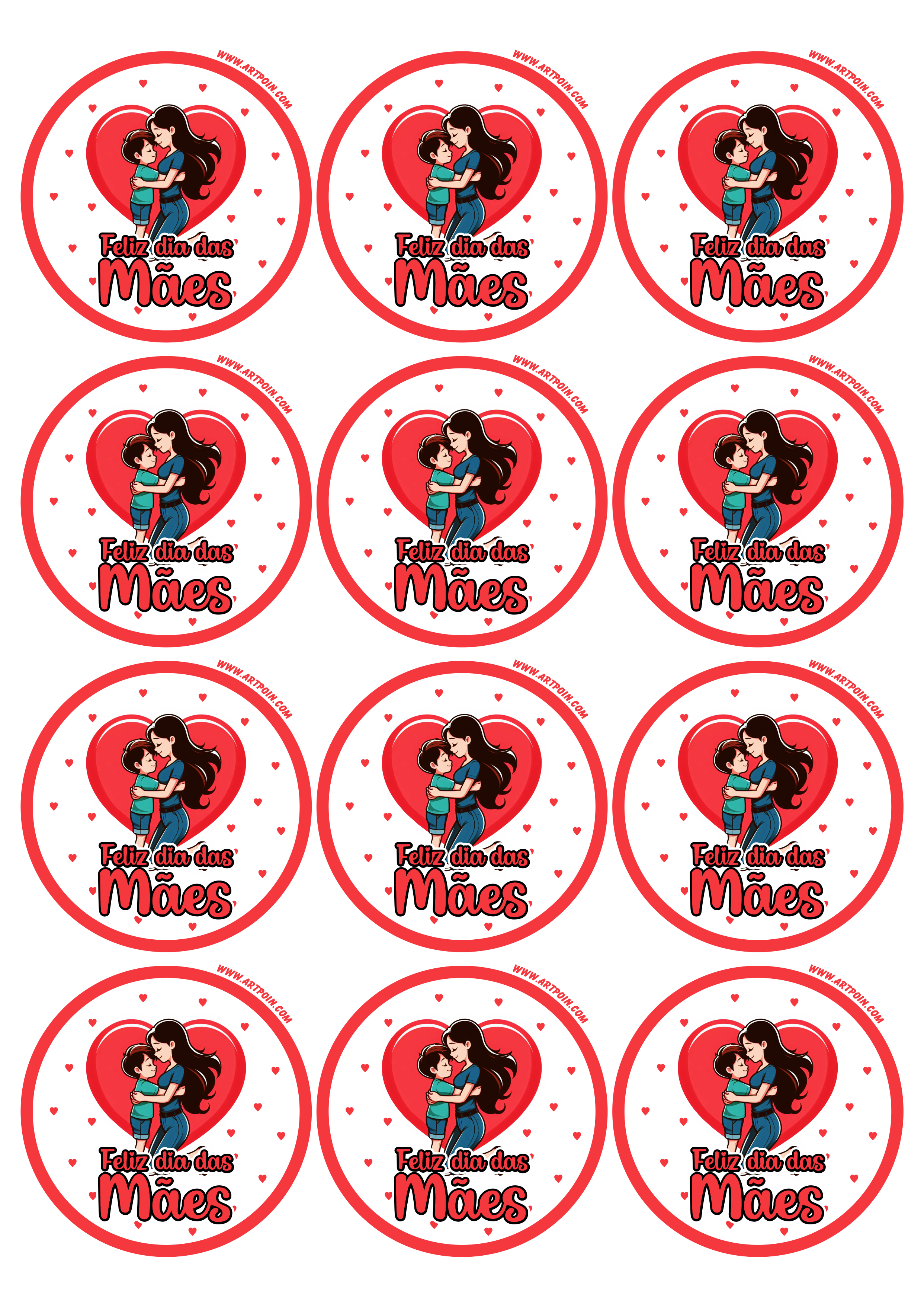 Feliz dia das mães adesivo redondo tag sticker corações para imprimir 12 imagens png