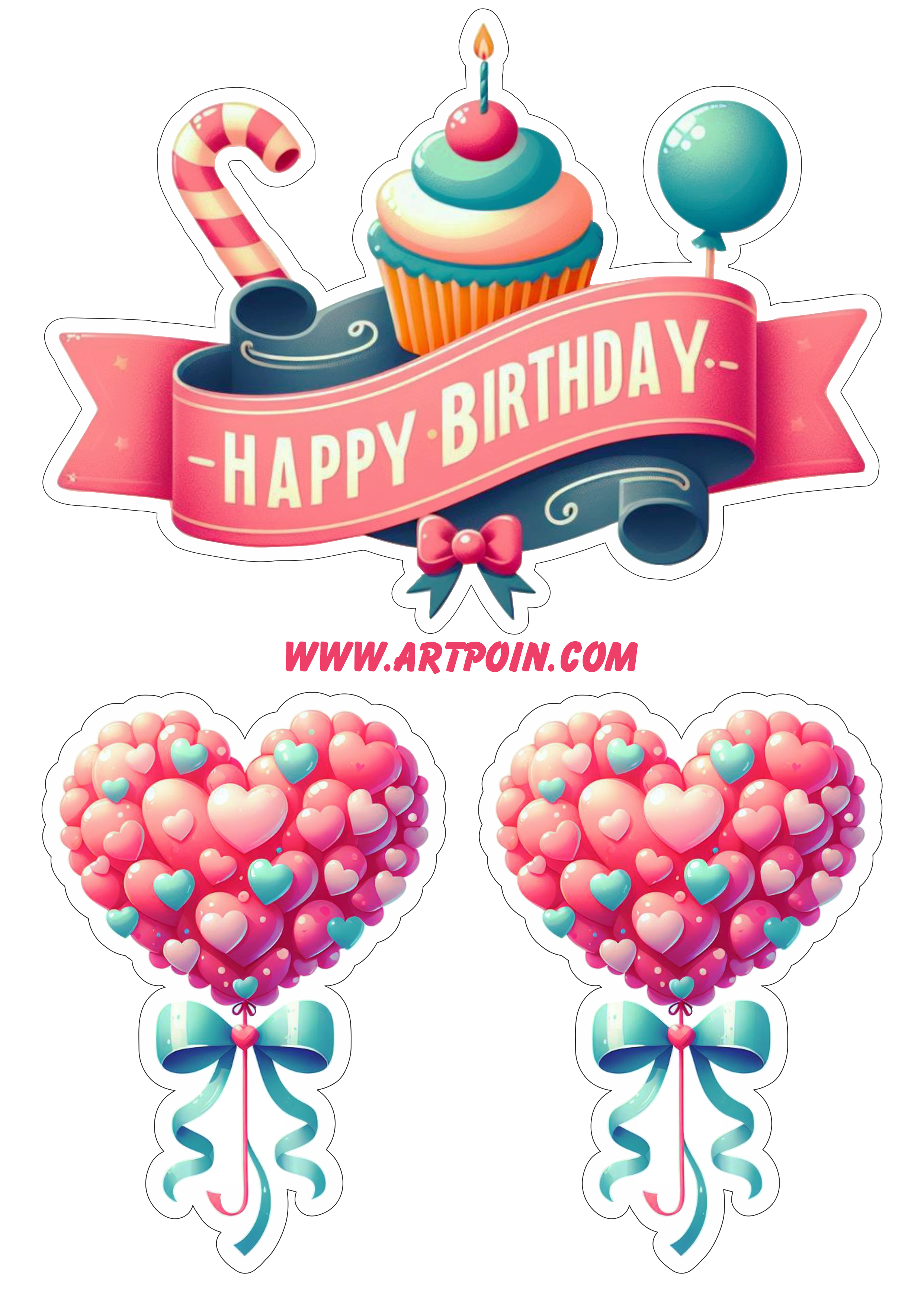 Happy birthday topo de bolo para festa de aniversário corações png