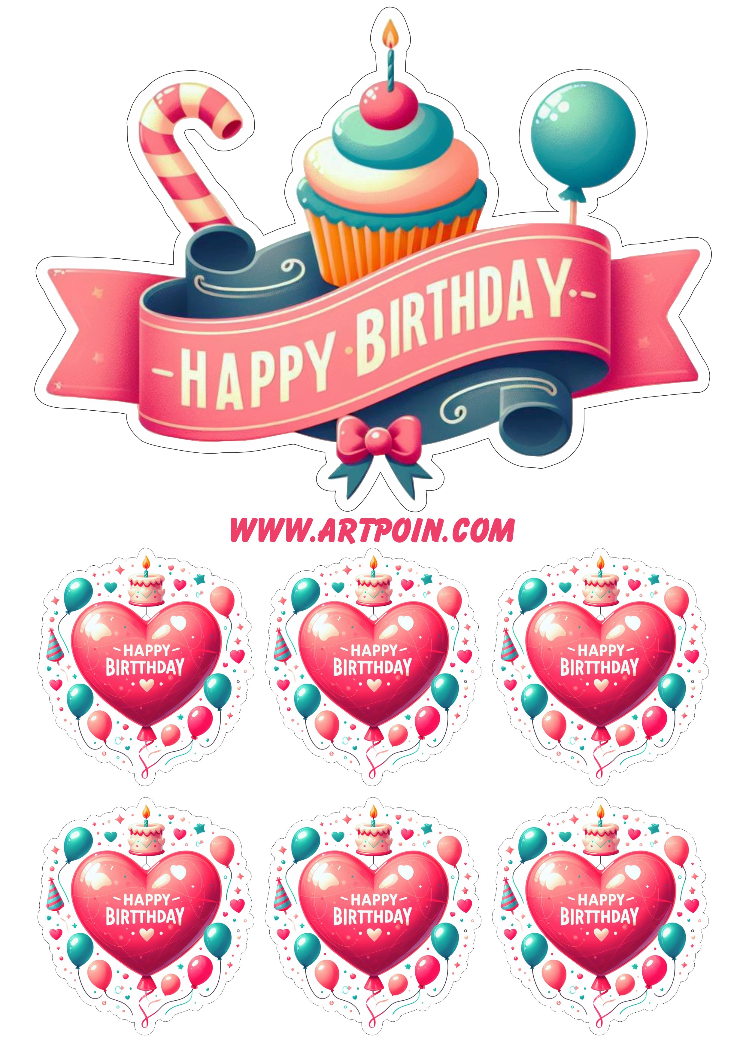Happy birthday topo de bolo para festa de aniversário corações balões png