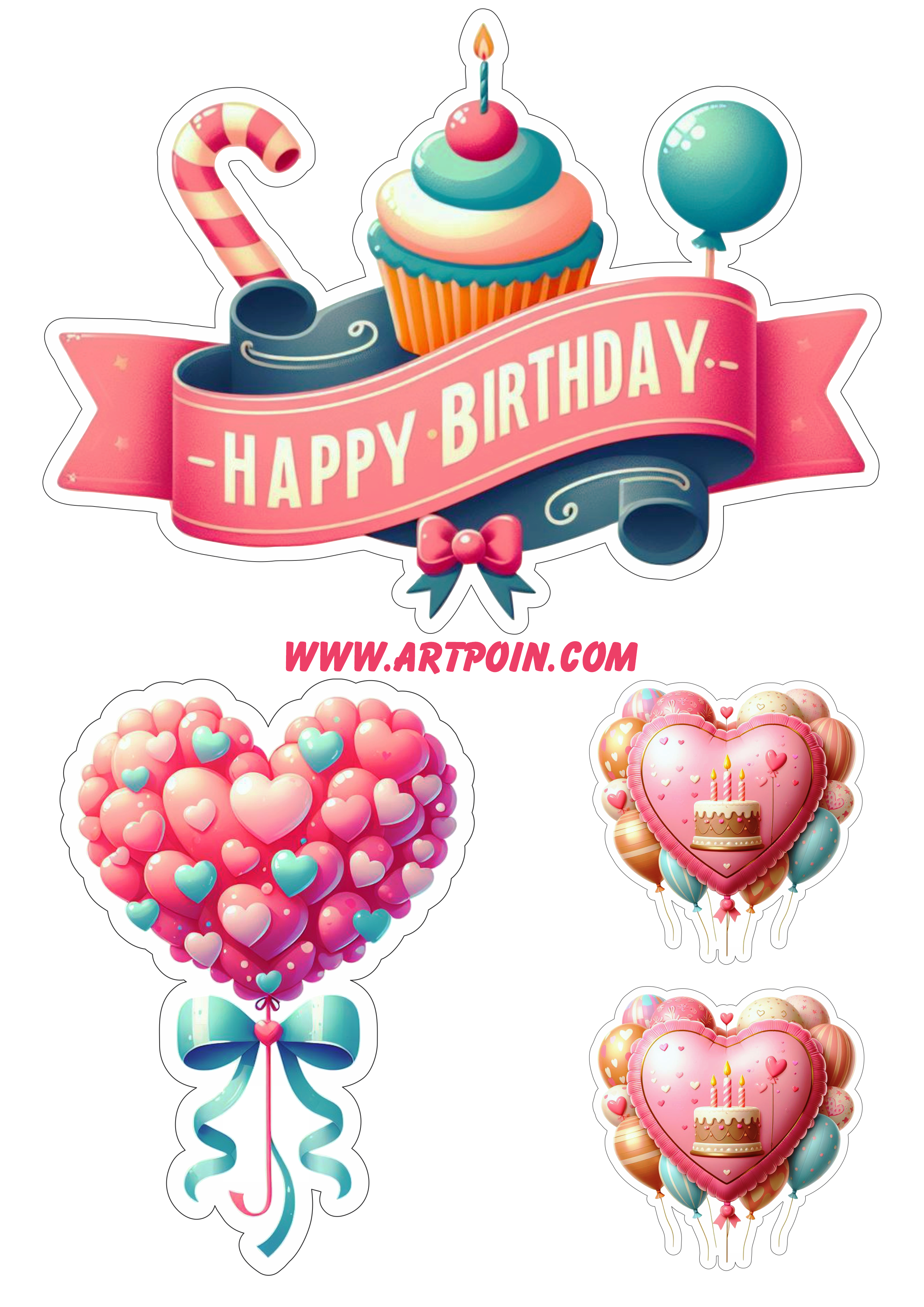 Happy birthday topo de bolo para festa de aniversário corações balões papelaria png