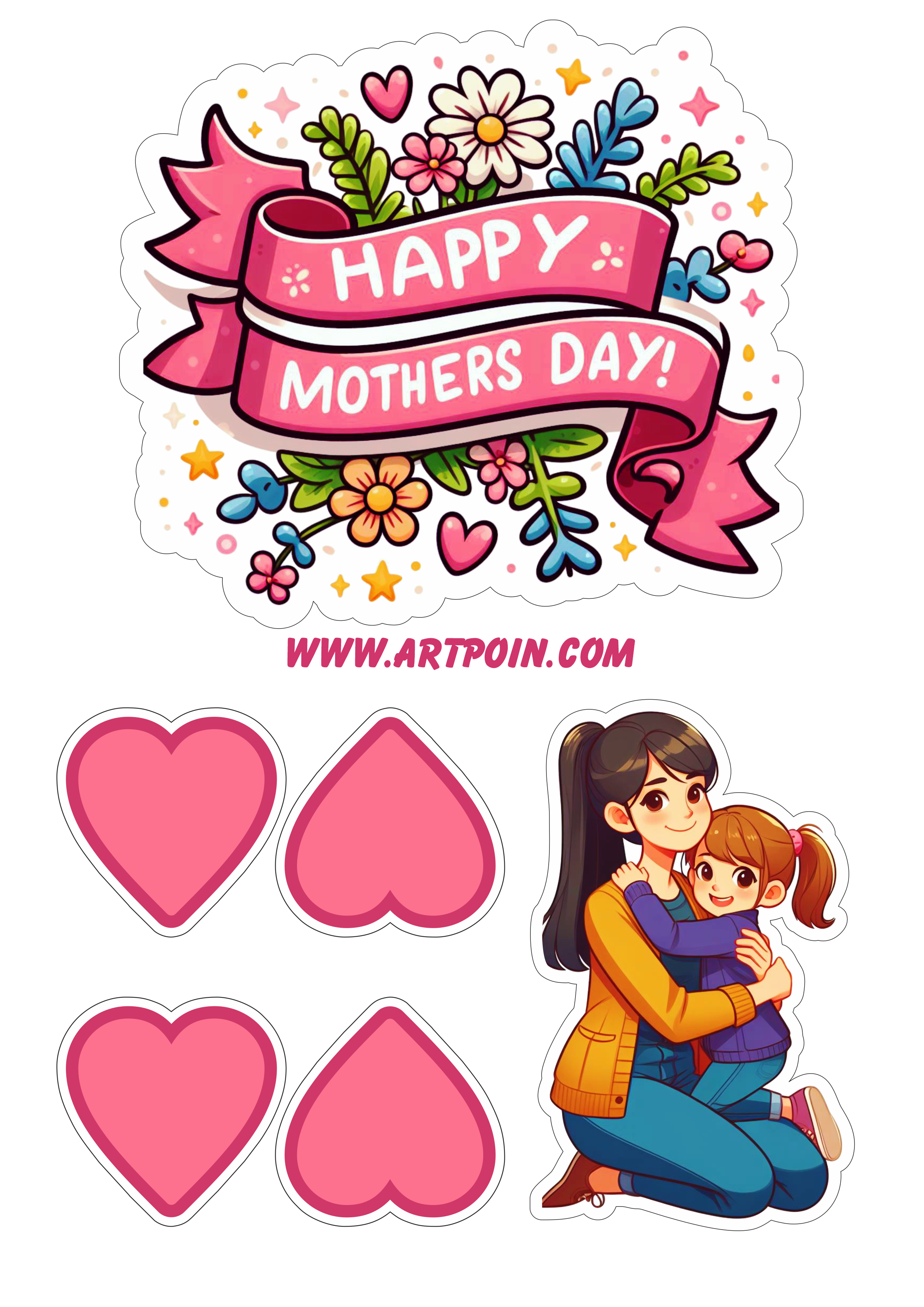 Happy mother’s day topper cake pink heart flowers png