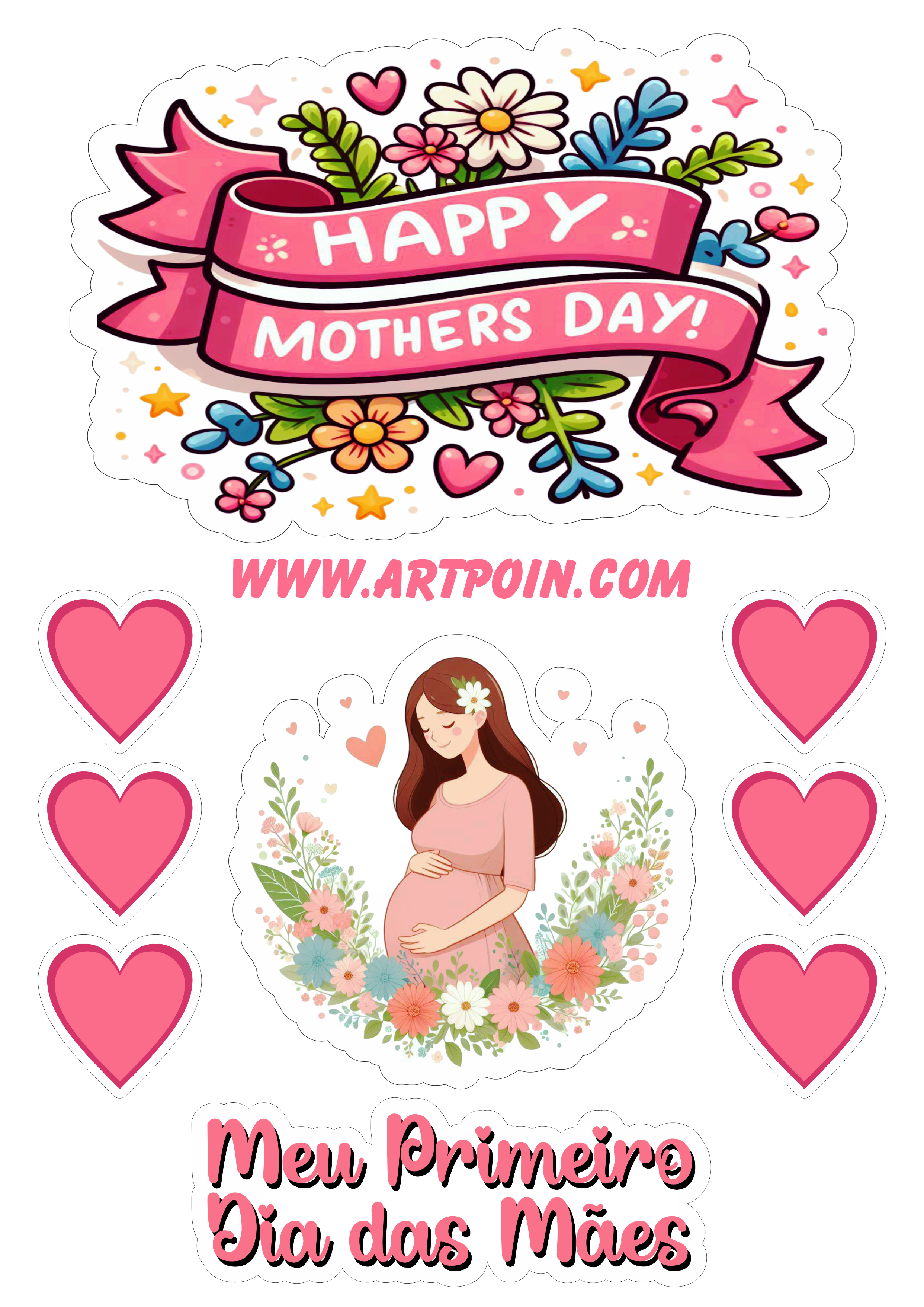 Dia das mães happy mothers day topo de bolo pronto para imprimir meu primeiro dia das mães com corações png