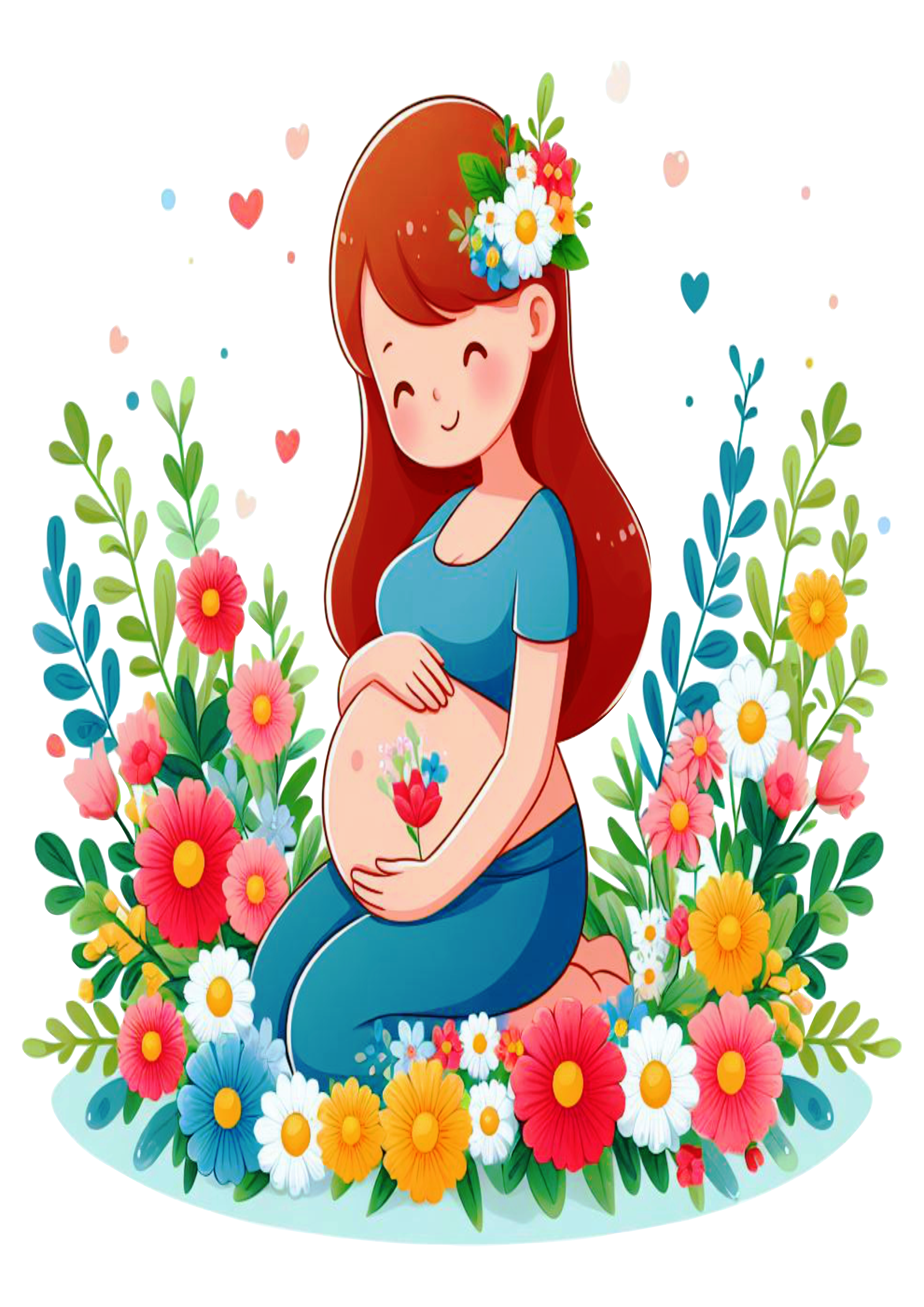 Mãe Mulher grávida desenho fofinho com flores coloridas png