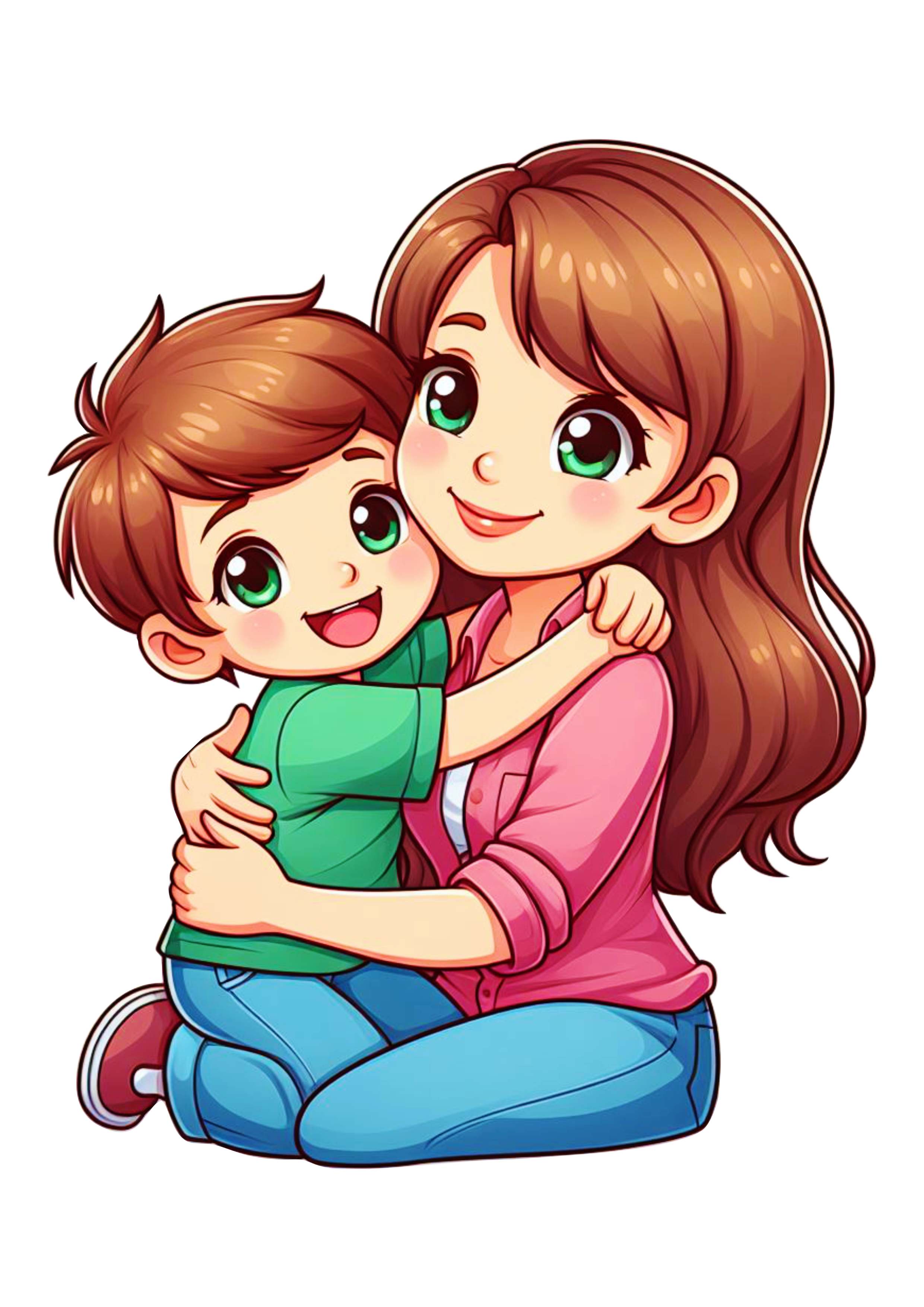 Mãe e filho abraço desenho colorido fofinho olhos verdes png
