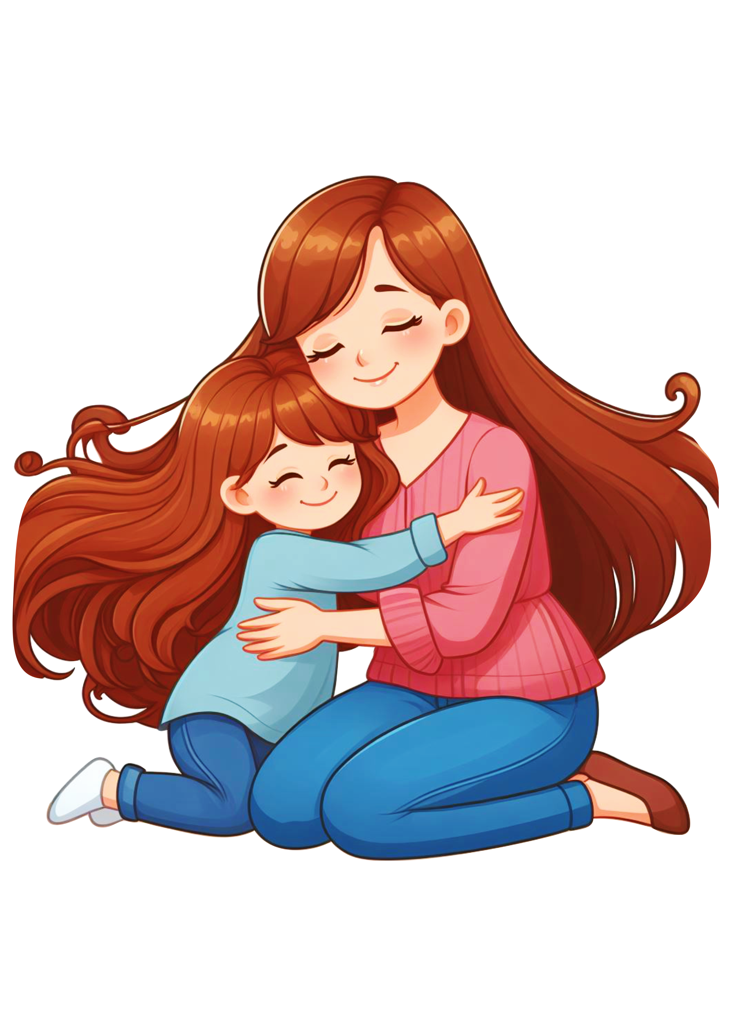 Mãe e filha abraço desenho colorido fofinho cabelos longos png