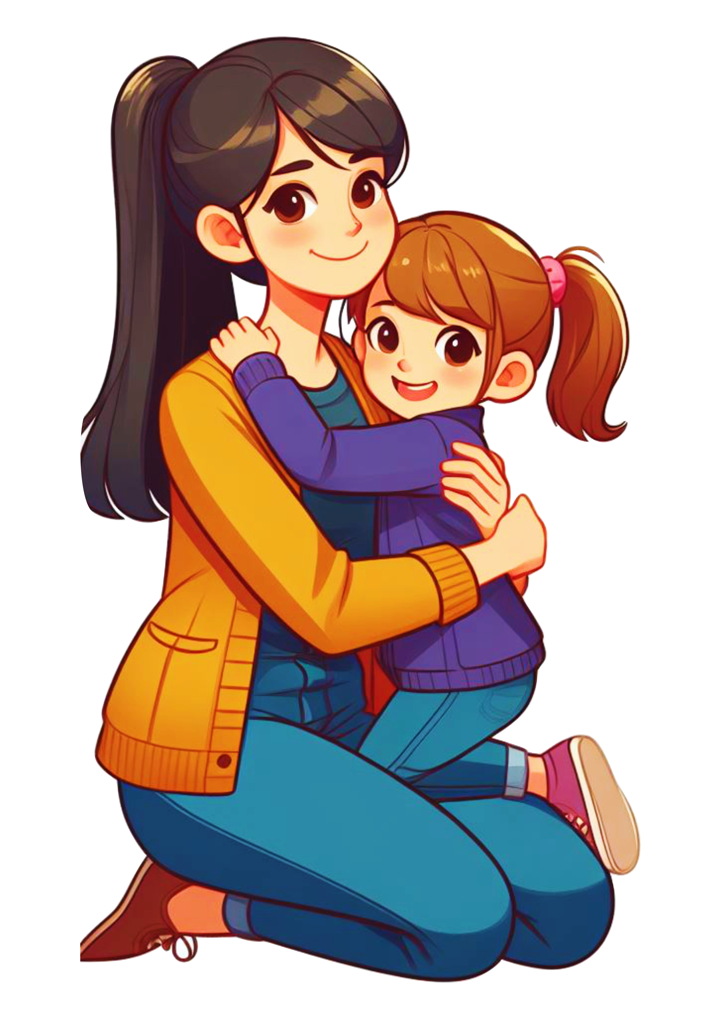 Mãe e filha abraço desenho colorido fofinho amor materno png