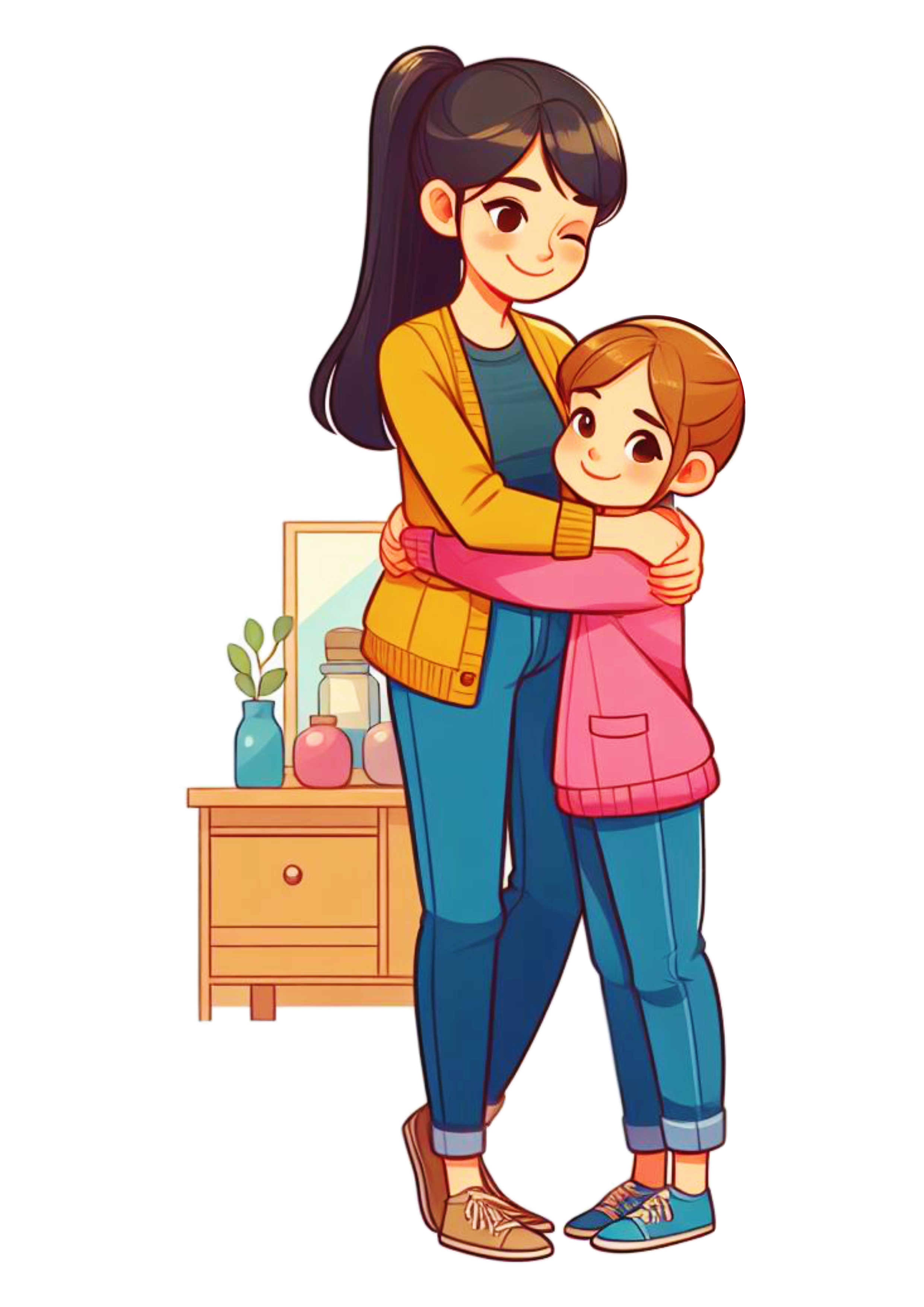 Mãe e filha abraço desenho colorido fofinho amor de mãe png