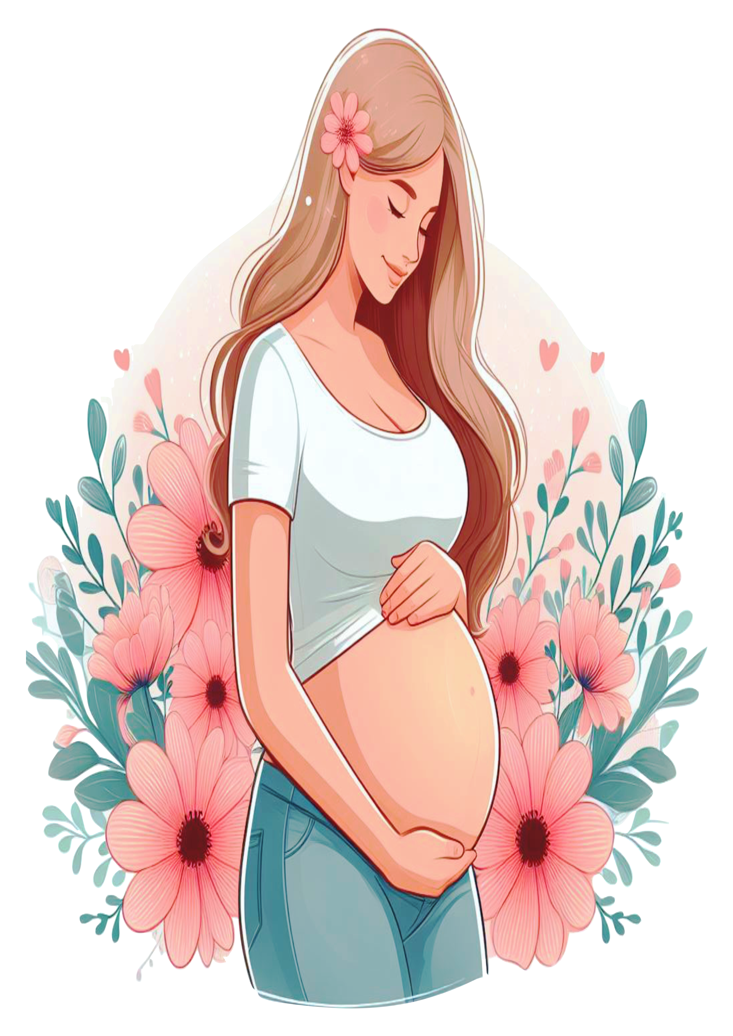 Mãe Mulher grávida desenho fofinho com flores design png