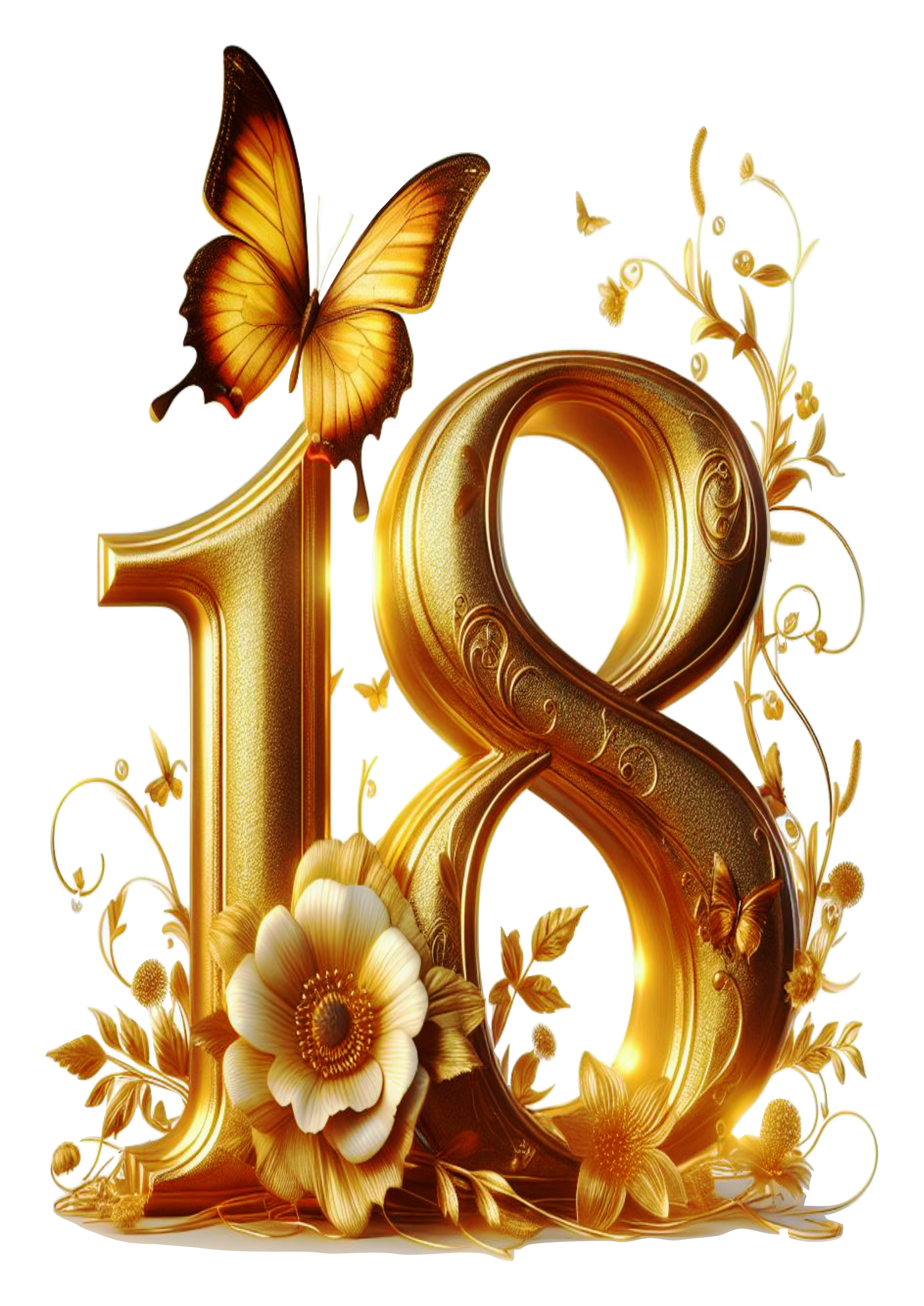 Número 18 dourado com borboletas e flores decoração png