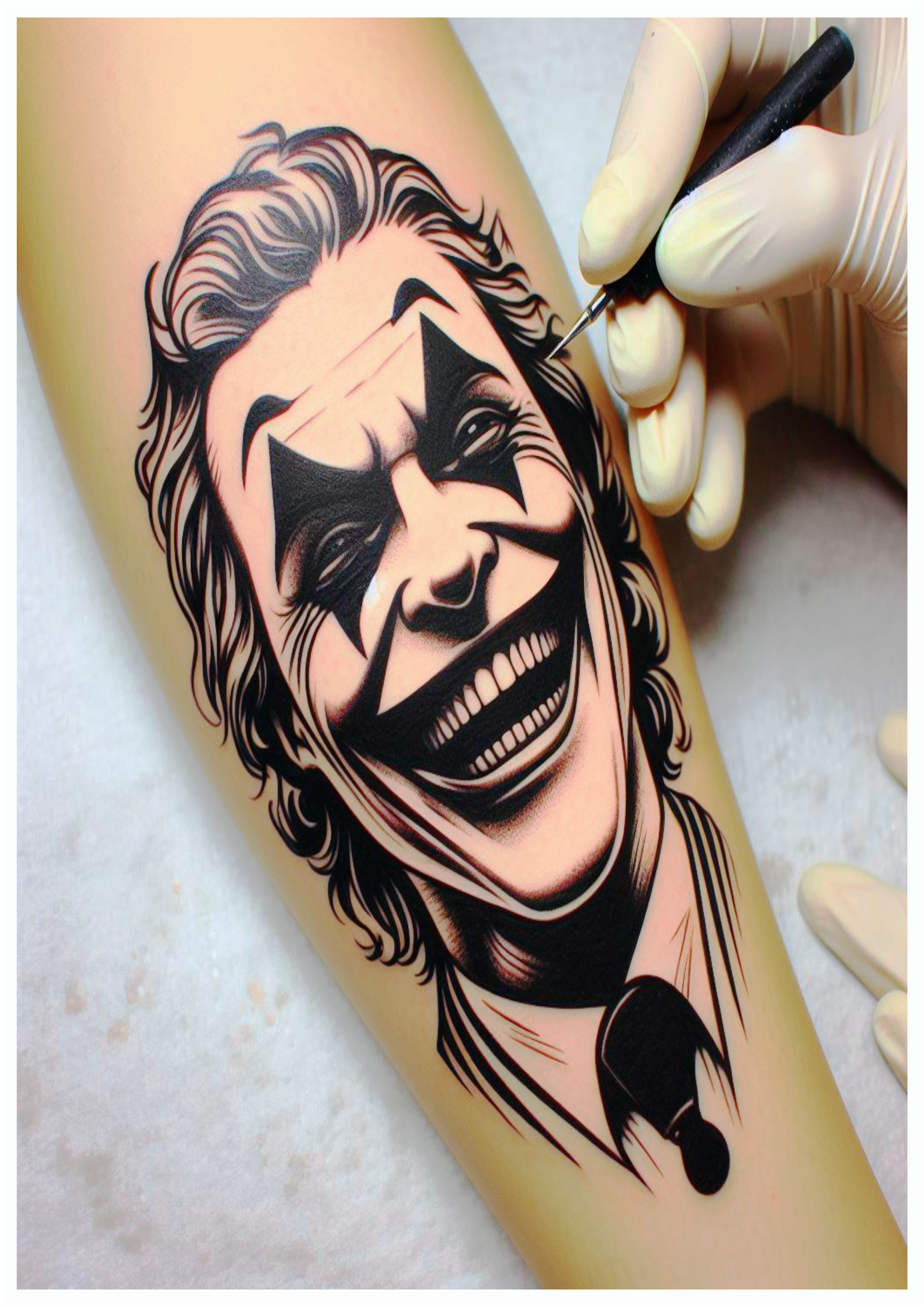 Tatuagem do coringa joker no braço dando risada assustadora png