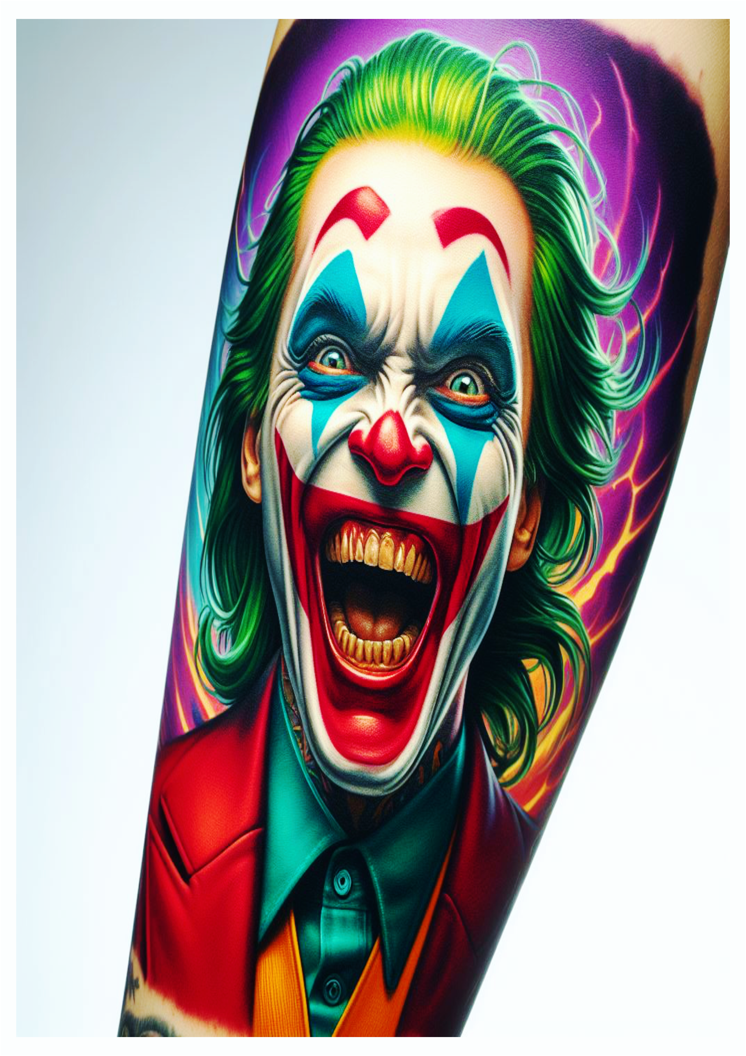 Ideias para tatuagens no braço tatoo Coringa Joker desenho colorido artes visuais imagem assustadora png