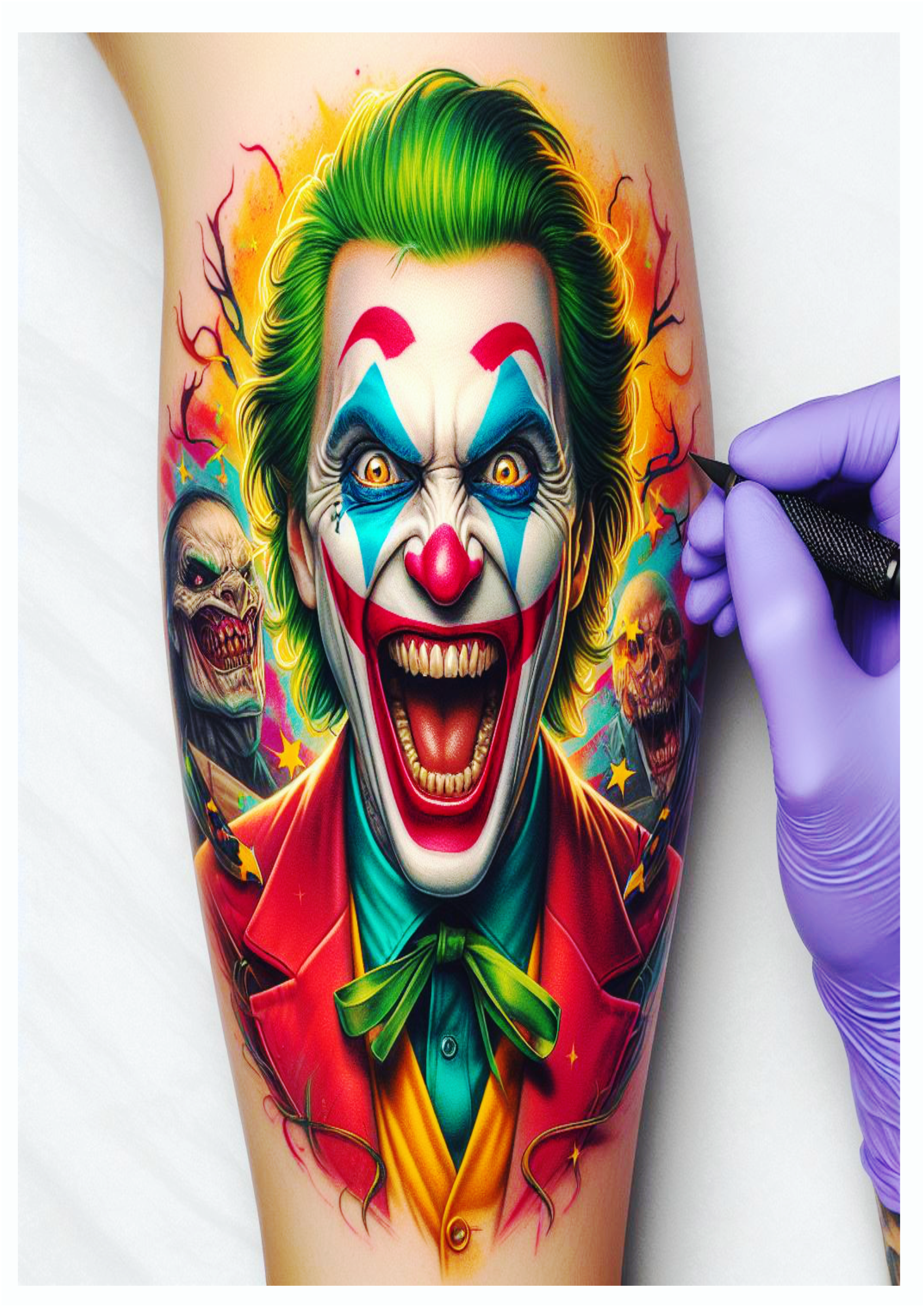 Ideias para tatuagens no braço tatoo Coringa Joker desenho colorido artes visuais grátis png