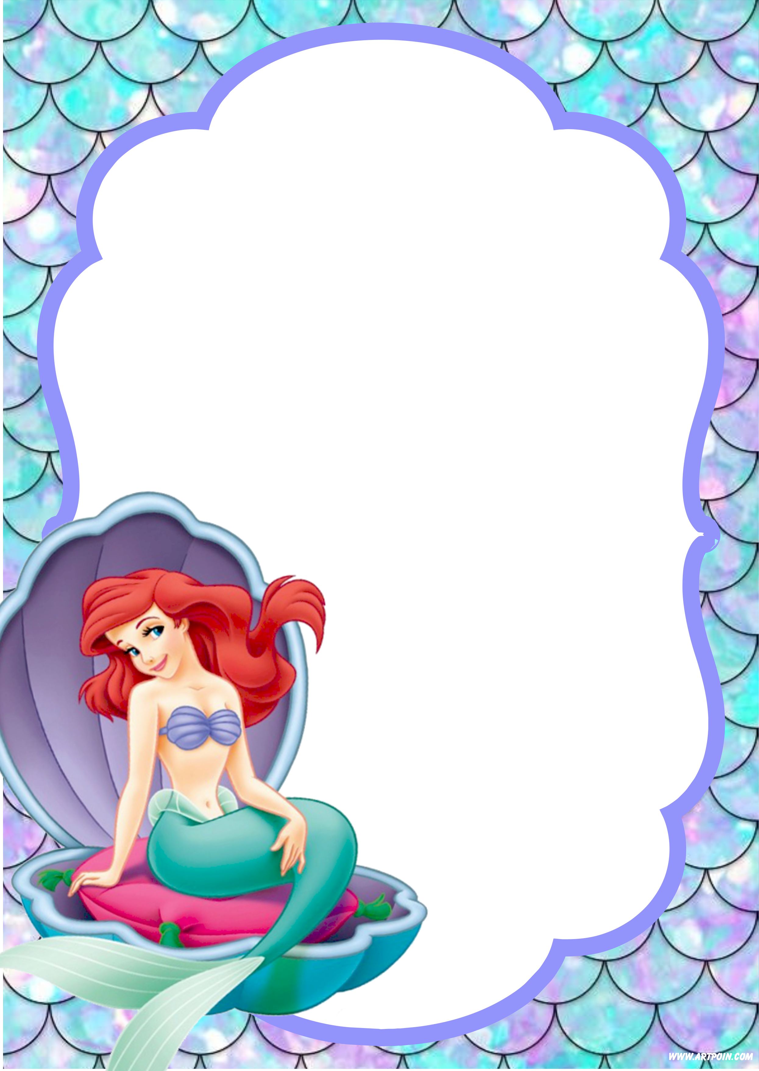 Convite digital A pequena sereia Ariel molde limpo pronto para editar e imprimir ou compartilhar via whatsapp personalizado png
