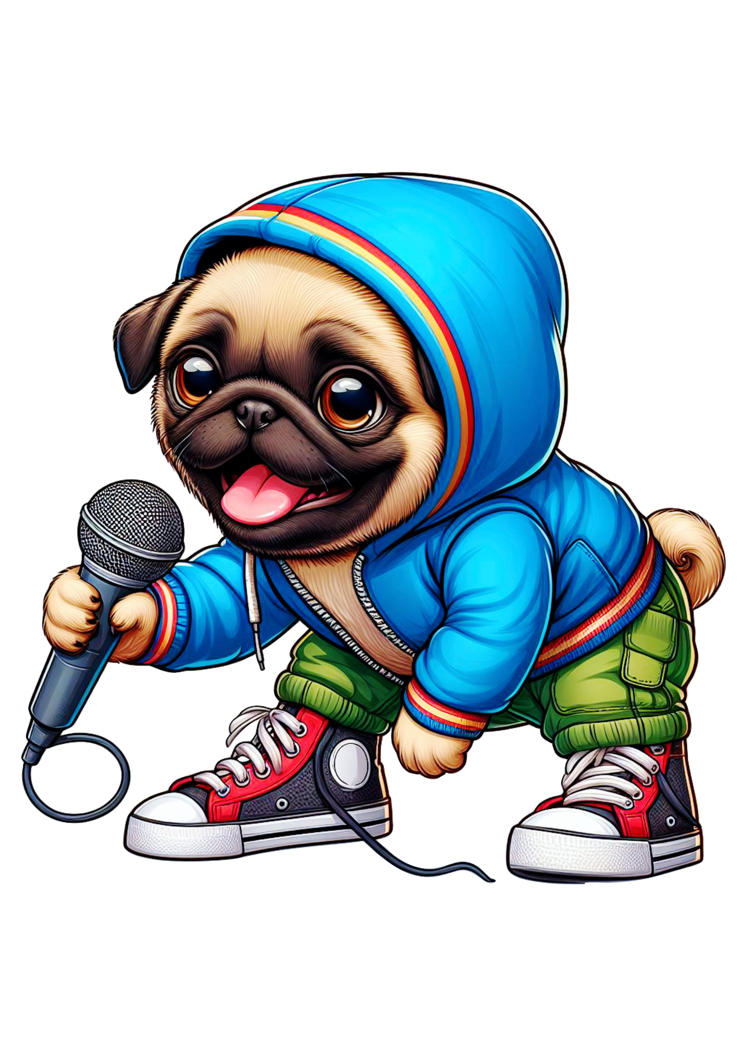 Cachorro fofinho com roupinha engraçada raça pug png fundo transparente clipart vetor ilustração cantando rap