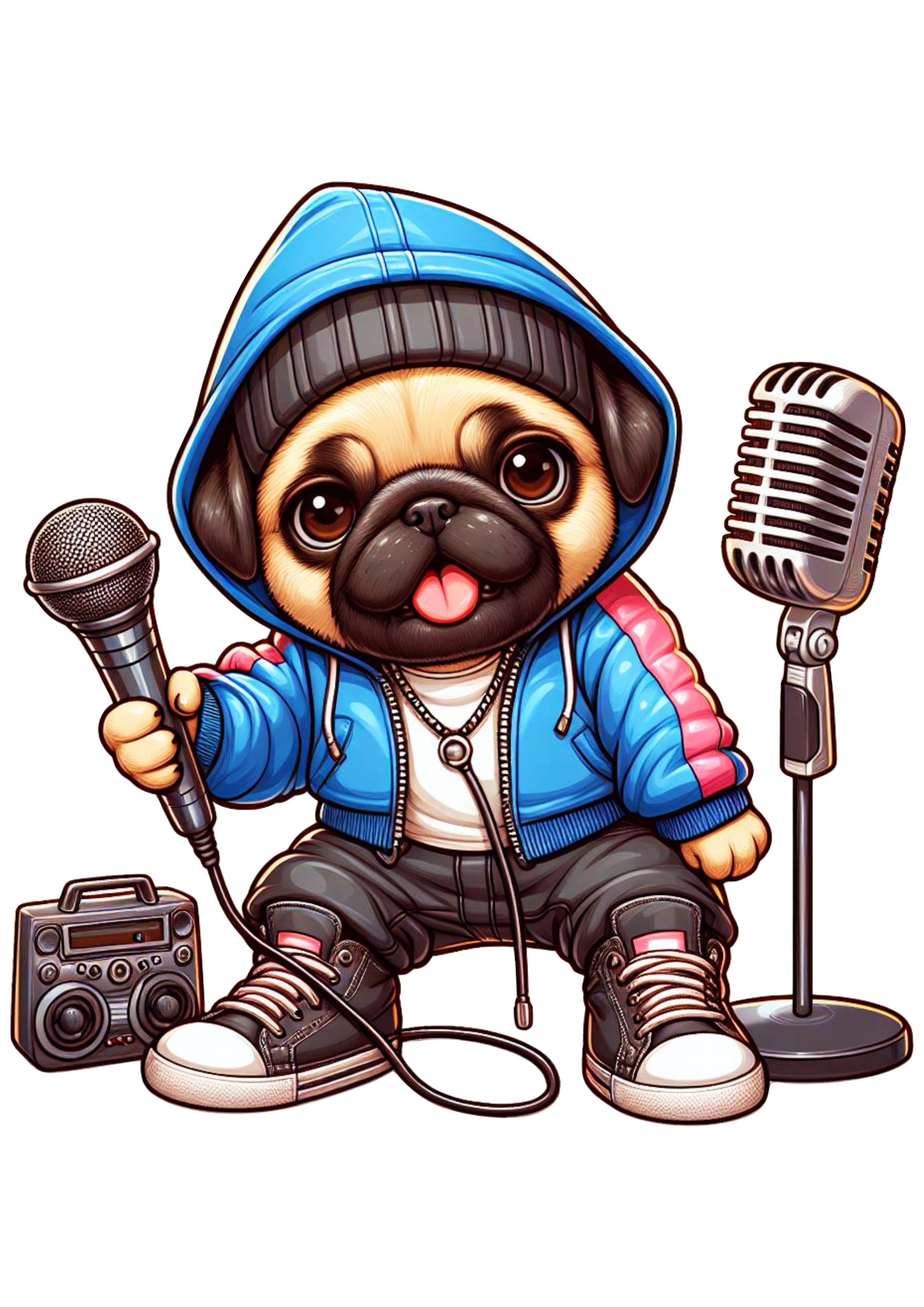 Doguinho engraçado png pug cantando rap no microfone cachorro no estilo