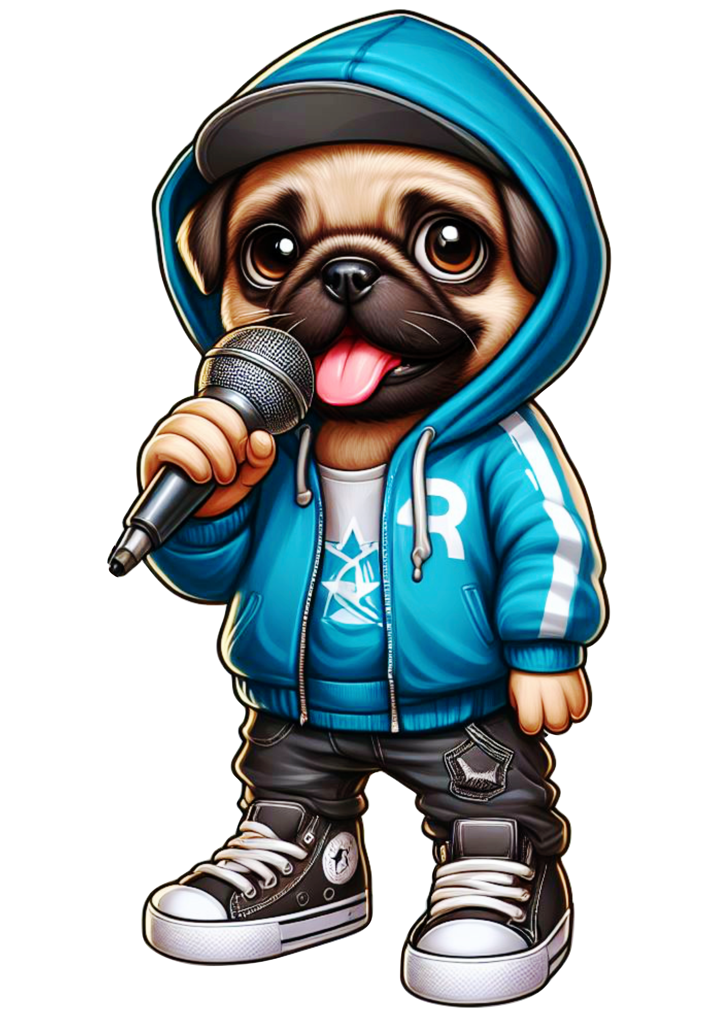Doguinho engraçado png pug cantando rap no microfone cachorro no estilo tênis