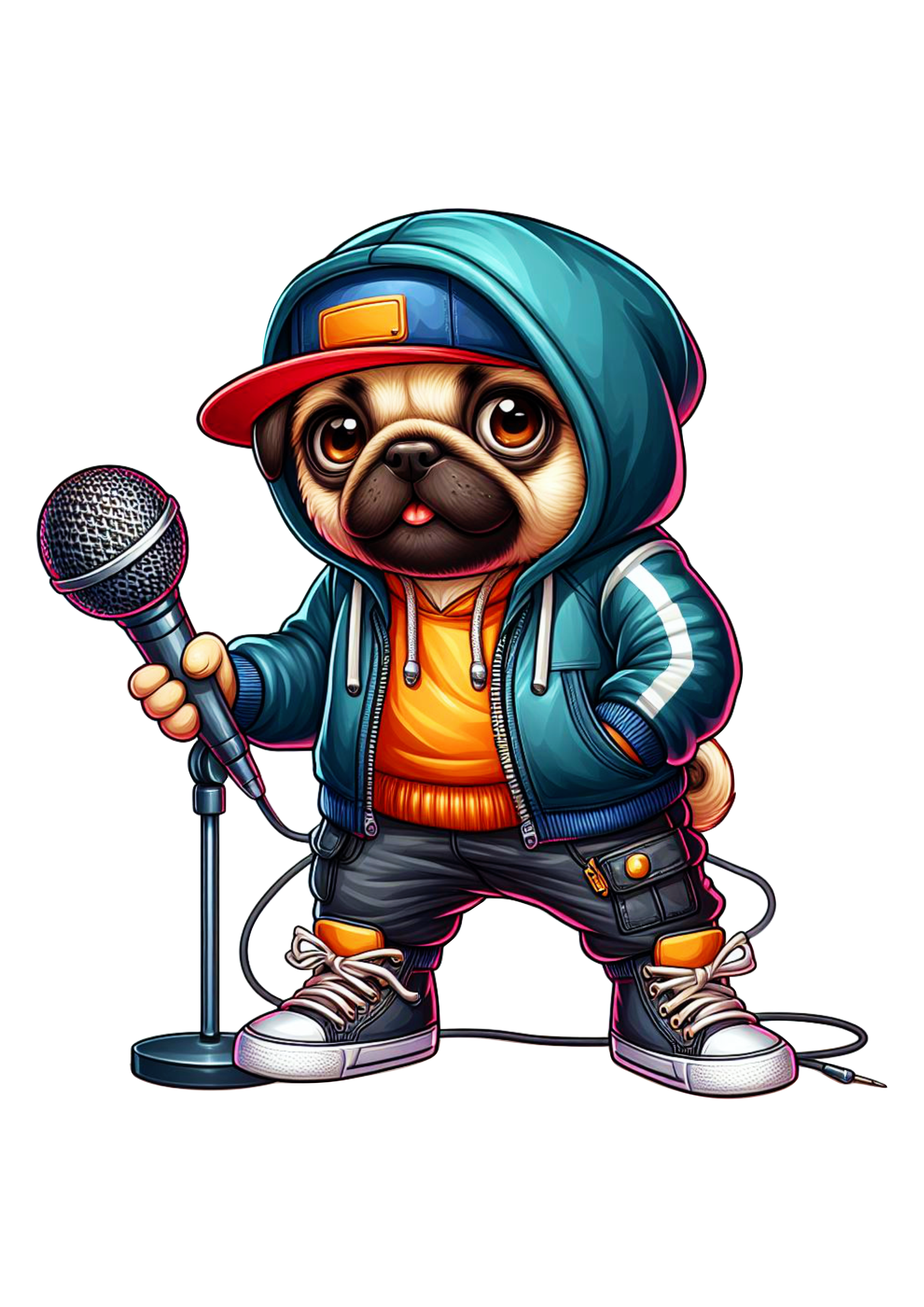 Doguinho engraçado png pug cantando rap no microfone cachorro no estilo tênis e moletom