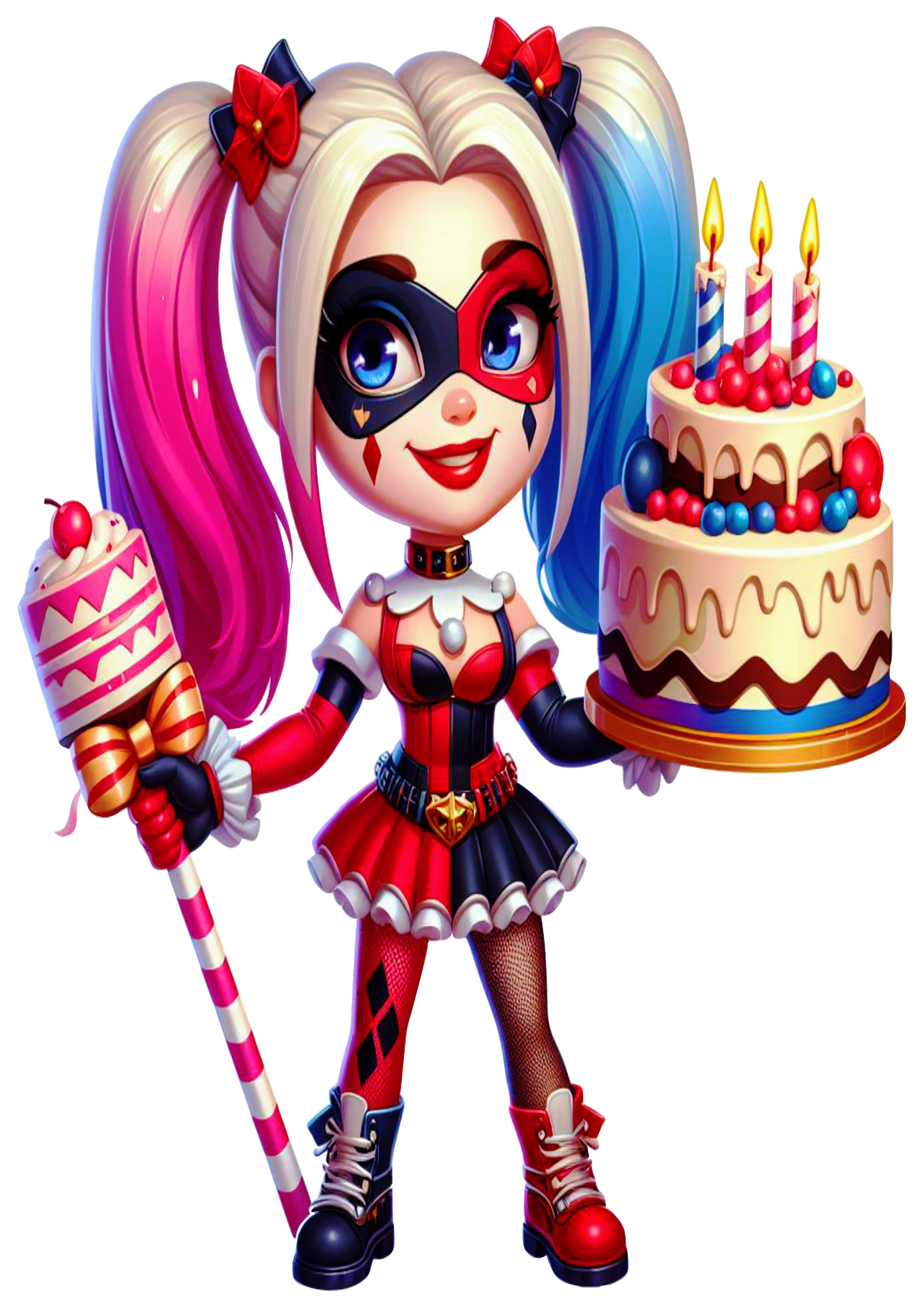 Desenho infantil arlequina fundo transparente Harley Quinn bolo de aniversário designer gráfico png