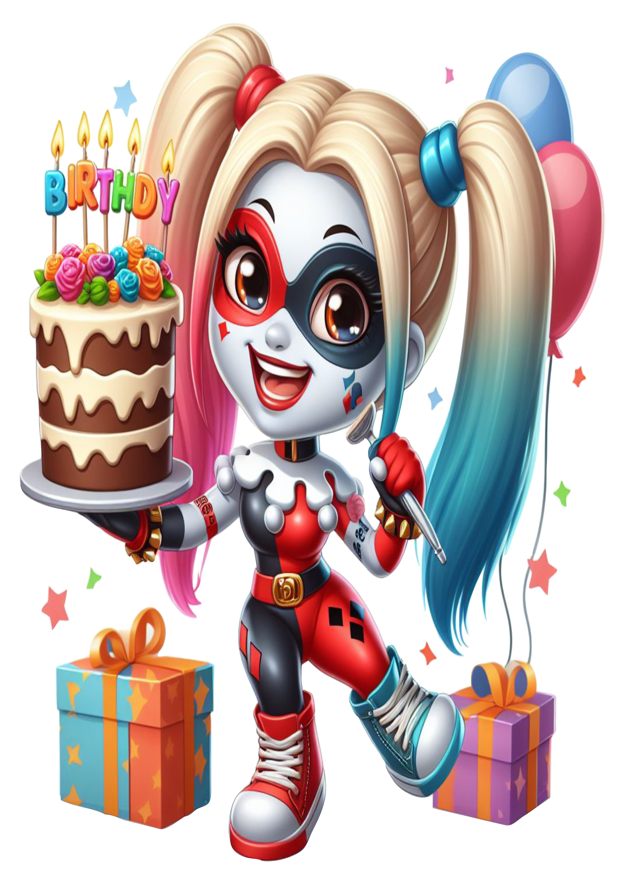 Cute cartoon Harley Quinn transparent background png holding a birthday cake