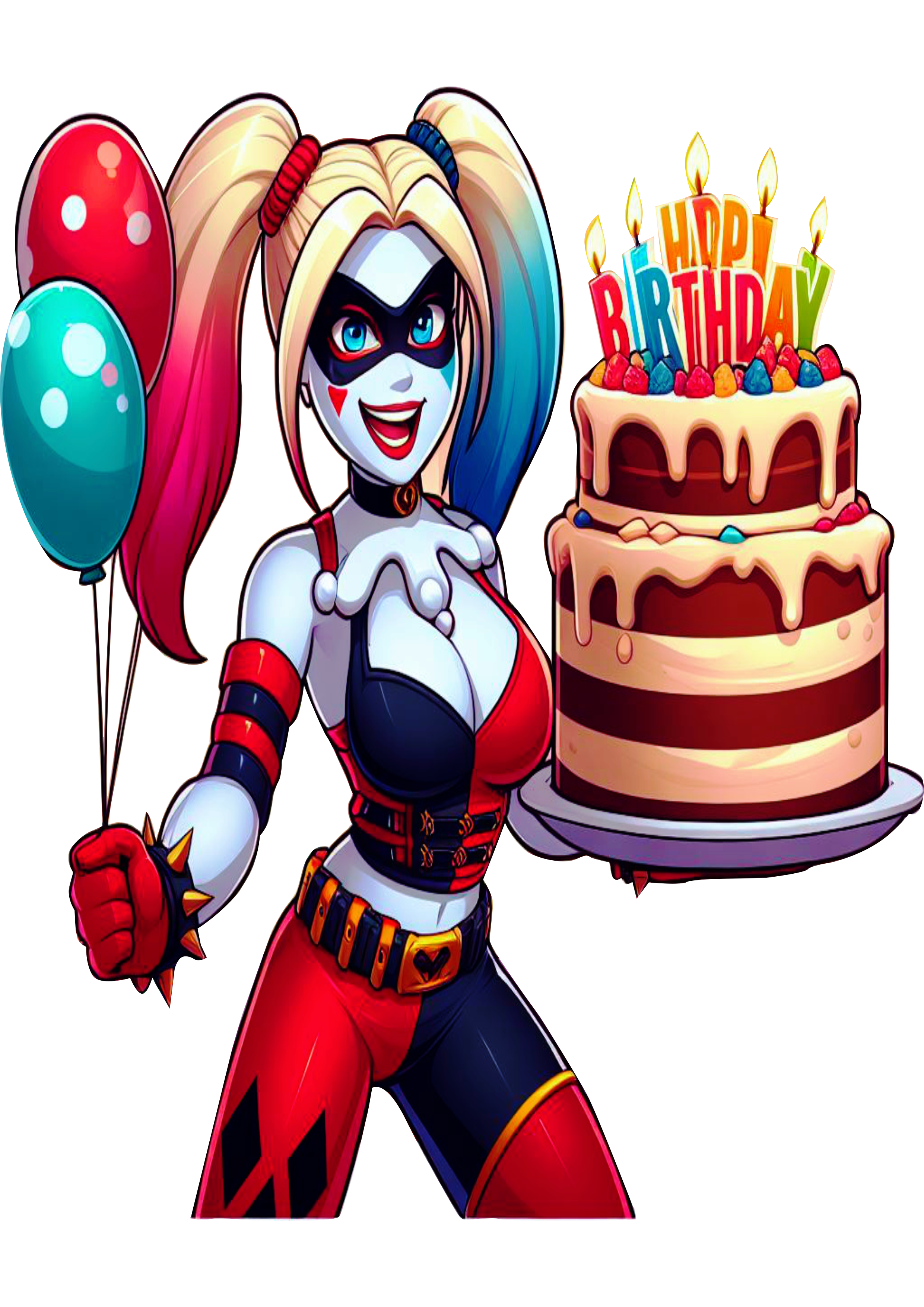 Cute cartoon Harley Quinn transparent background png holding a birthday cake clipart
