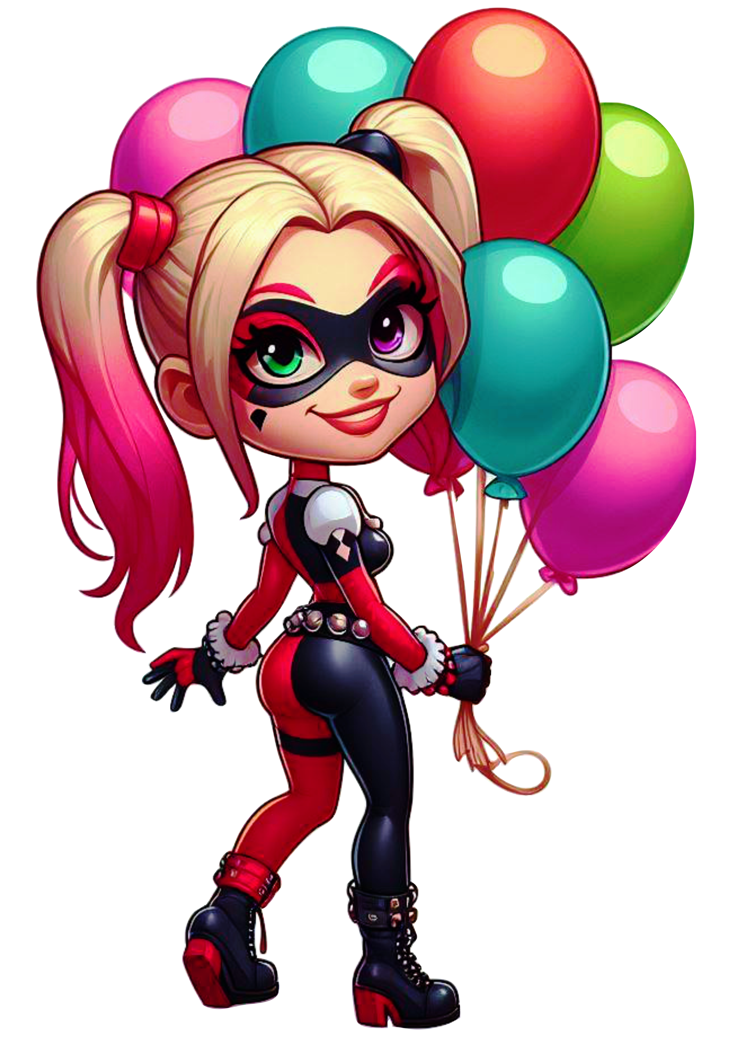 Cute cartoon Harley Quinn transparent background png holding a birthday cake clipart vector