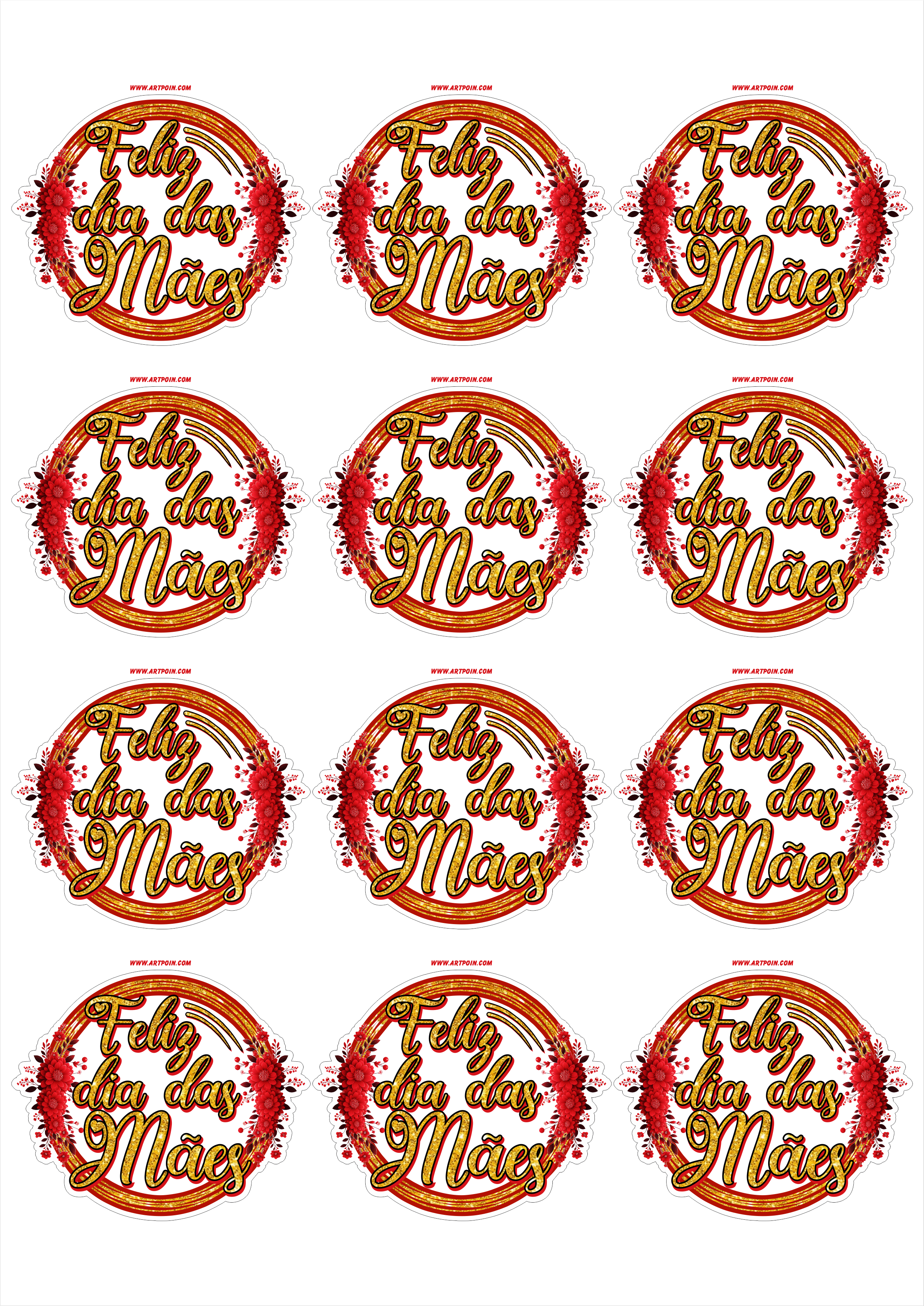 Feliz dia das mães adesivos tags stickers dourado com vermelho papelaria criativa grátis imagem com contorno para recorte 12 imagens png