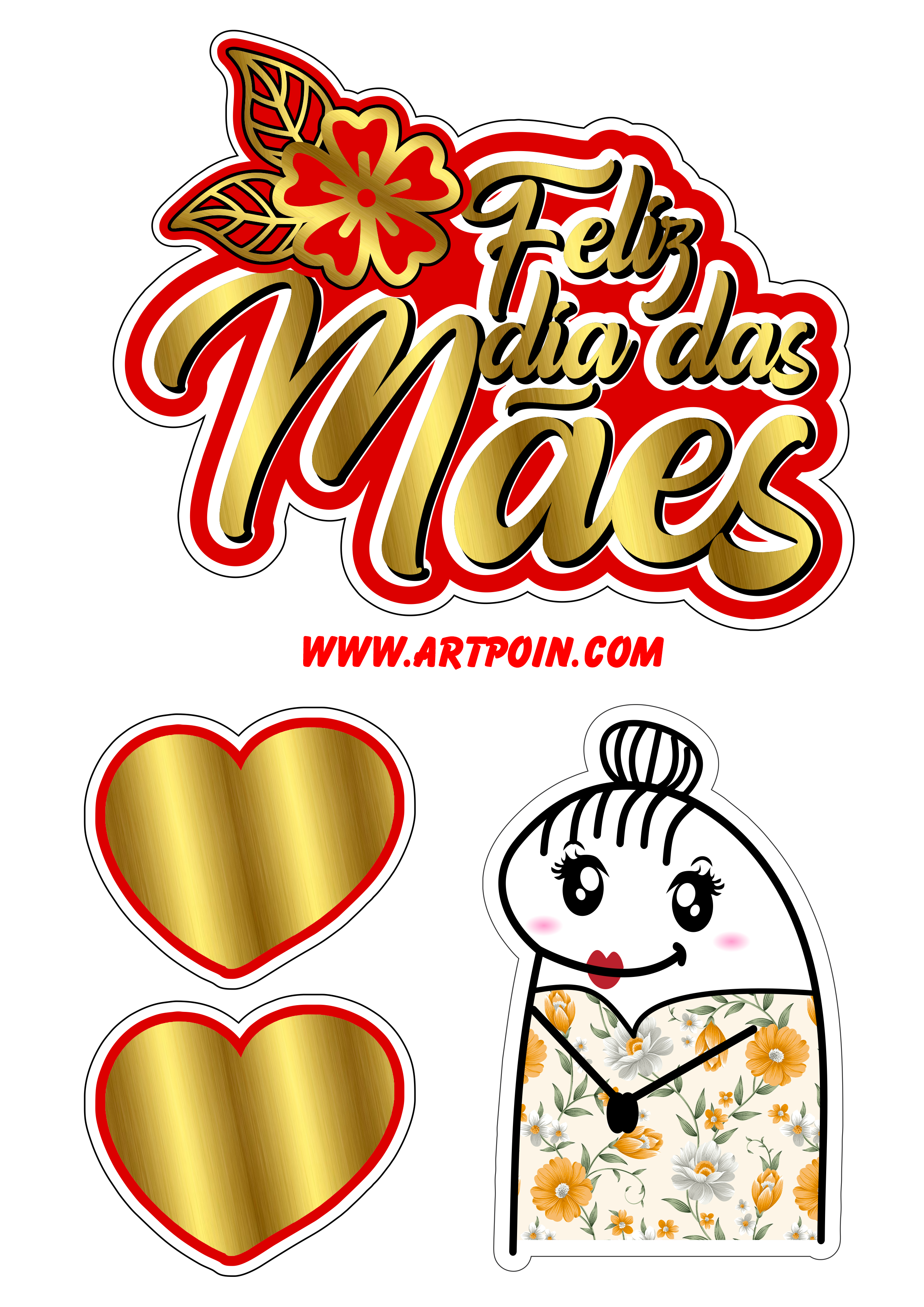 Topo de bolo para imprimir feliz dias mães vermelho com dourado flork of cows corações png