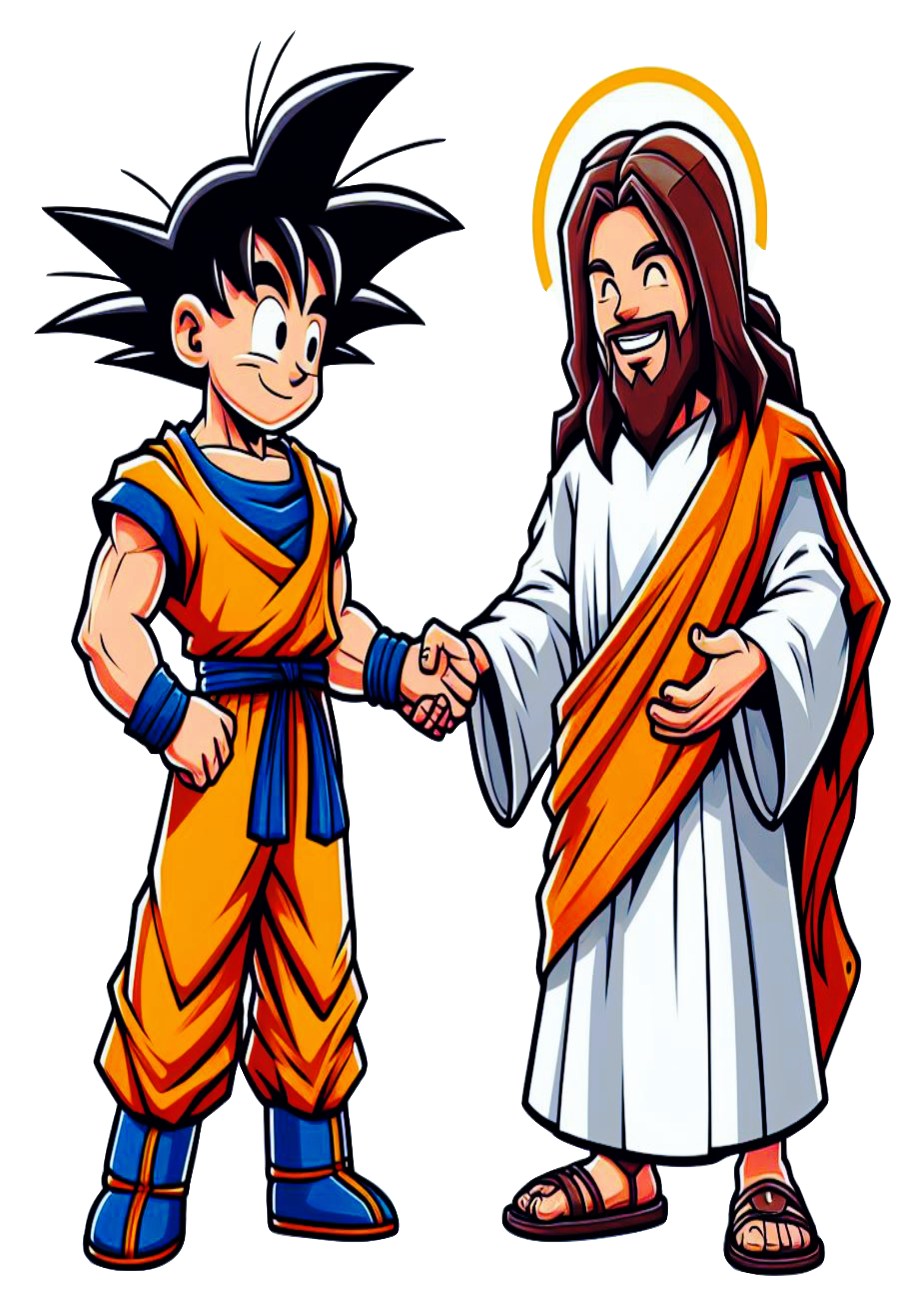Desenho simples Jesus cristo e Goku apertando as mãos png