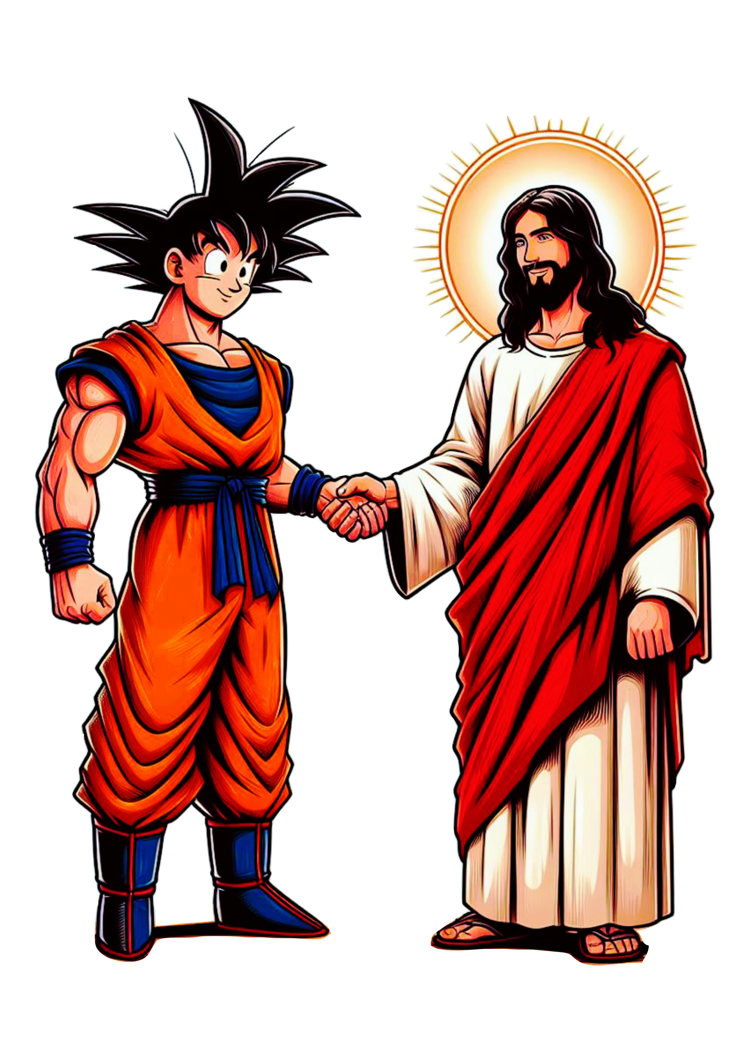 Desenho simples Jesus cristo e Goku apertando as mãos png cartoon