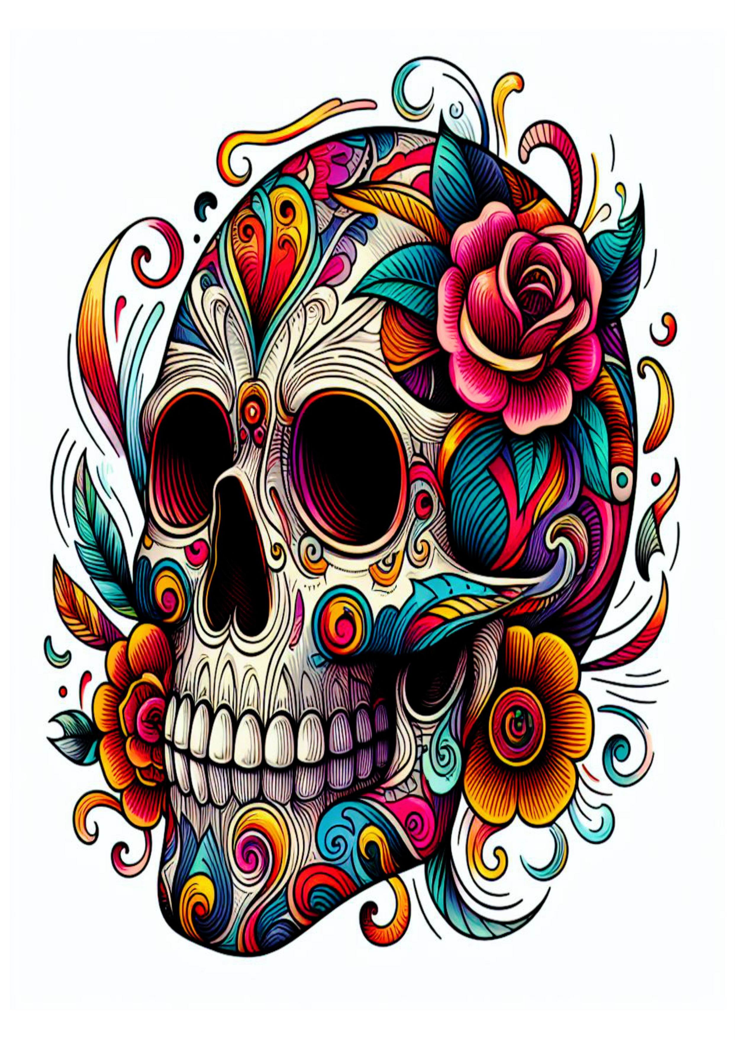 Tatuagem colorida para imprimir caveira desenho flores pack de imagens