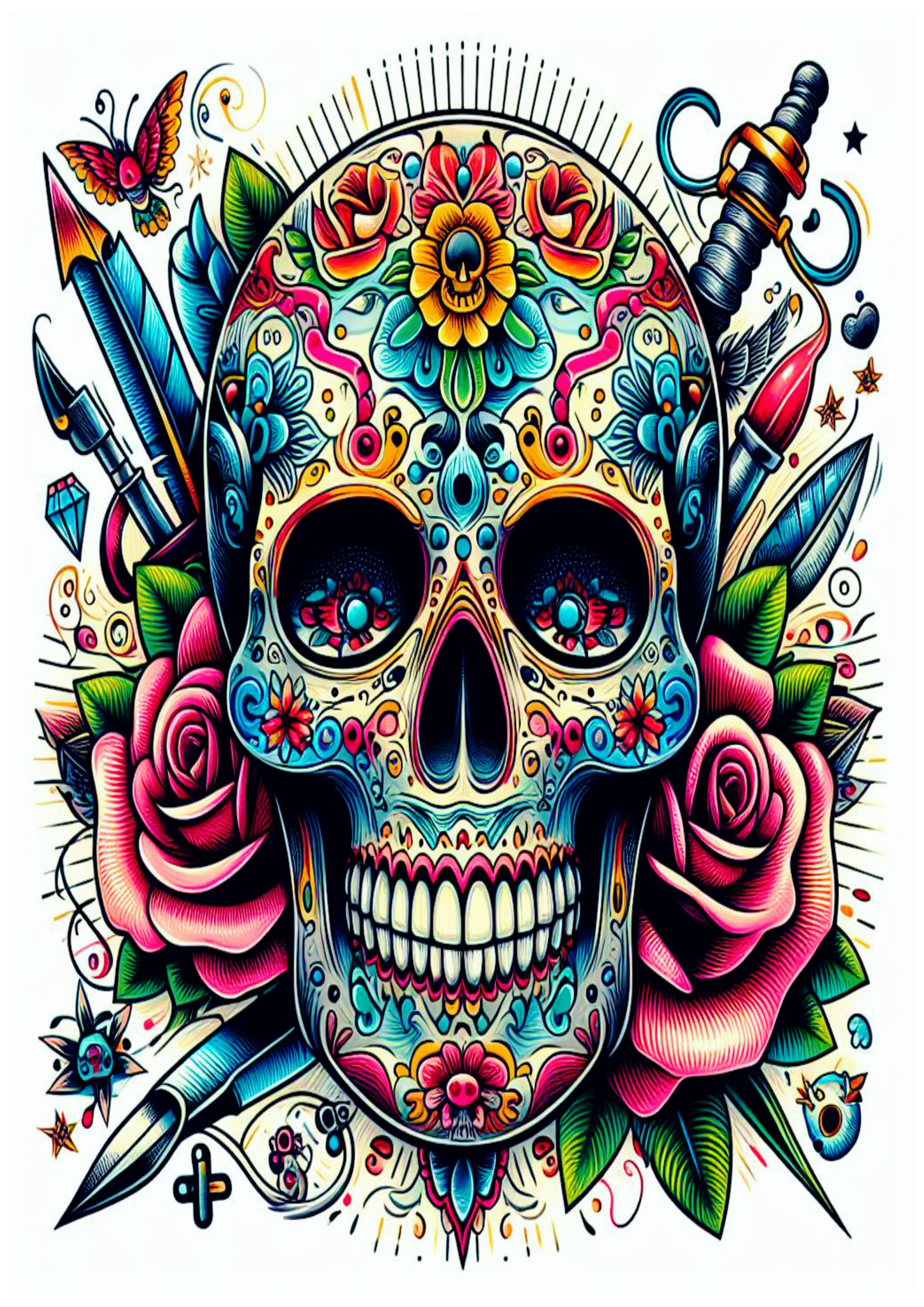 Tatuagem colorida para imprimir caveira desenho flores pack de imagens tatoo skull