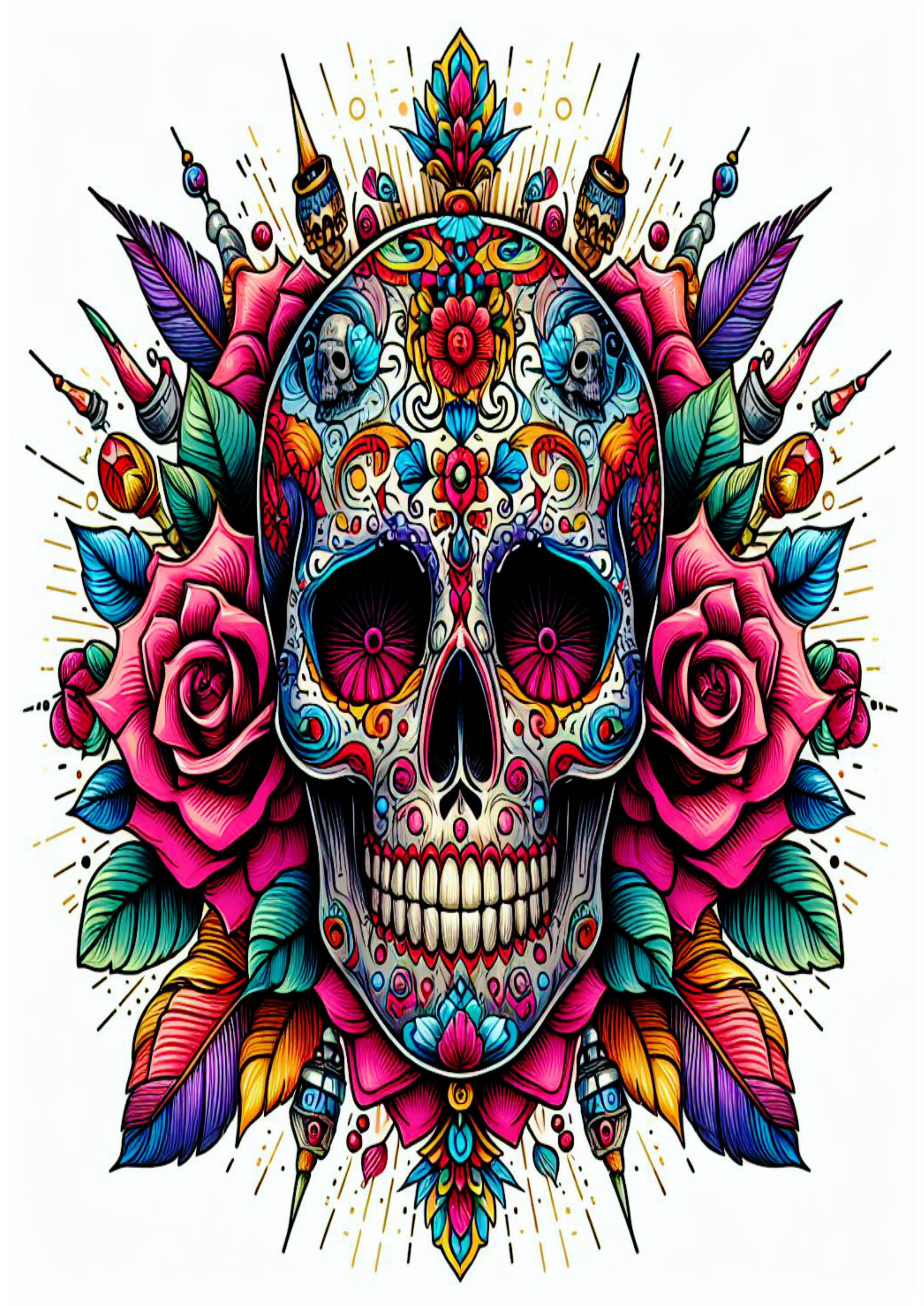 Tatuagem colorida para imprimir caveira desenho flores pack de imagens tatoo skull color